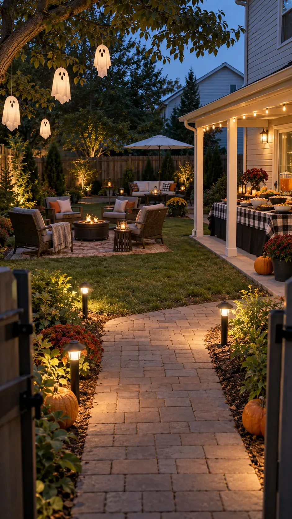 Backyard Halloween party with lit paths seating and pumpkins