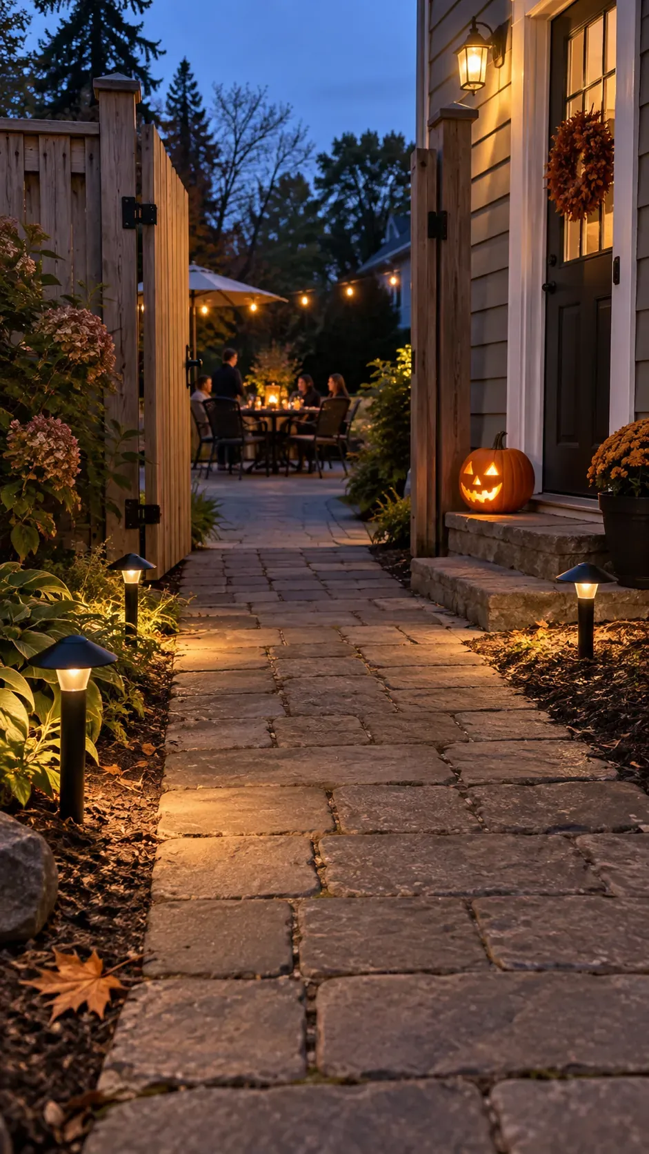 Backyard Halloween party lit arrival path setup
