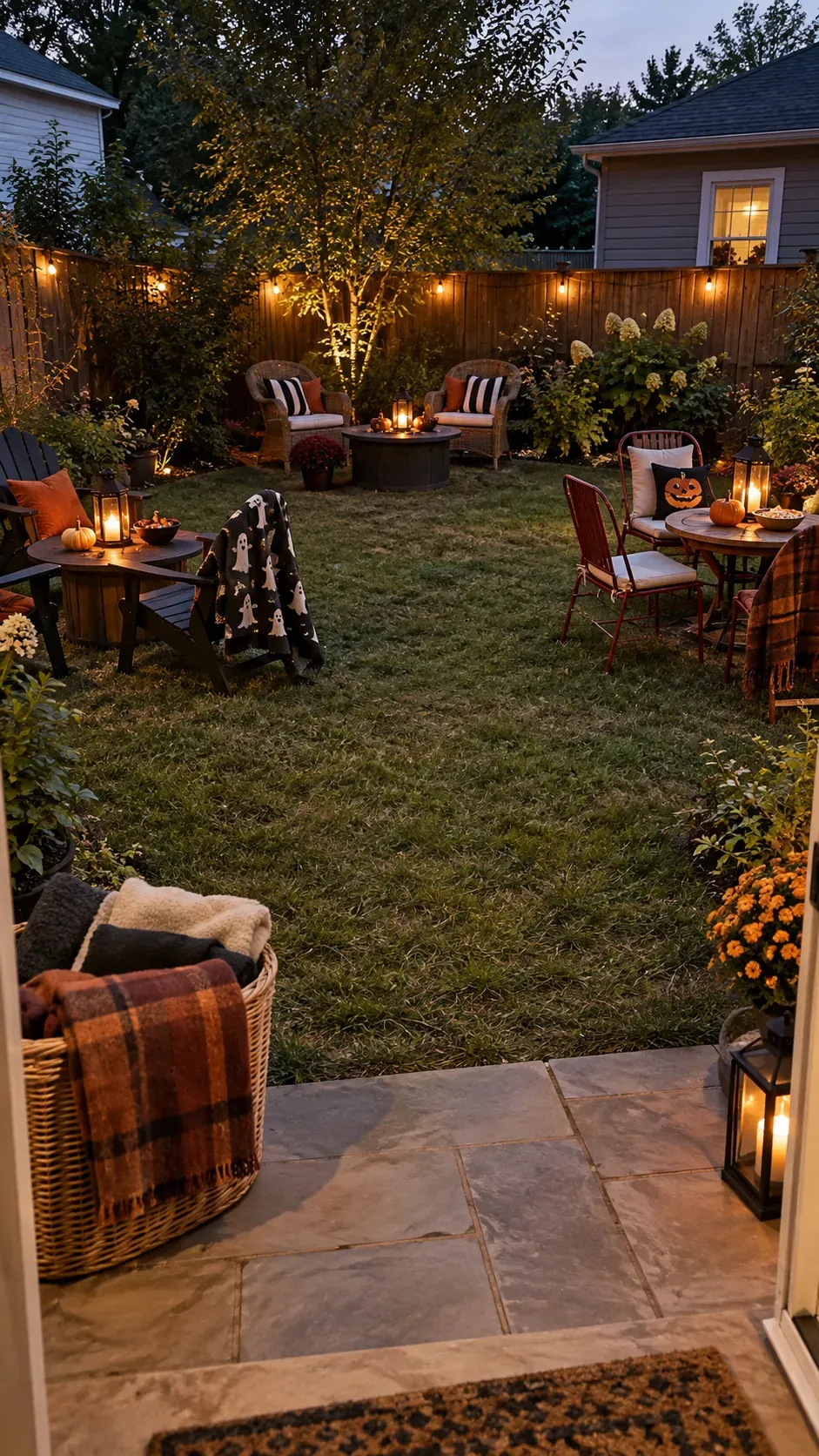 Backyard Halloween party small seating circles setup