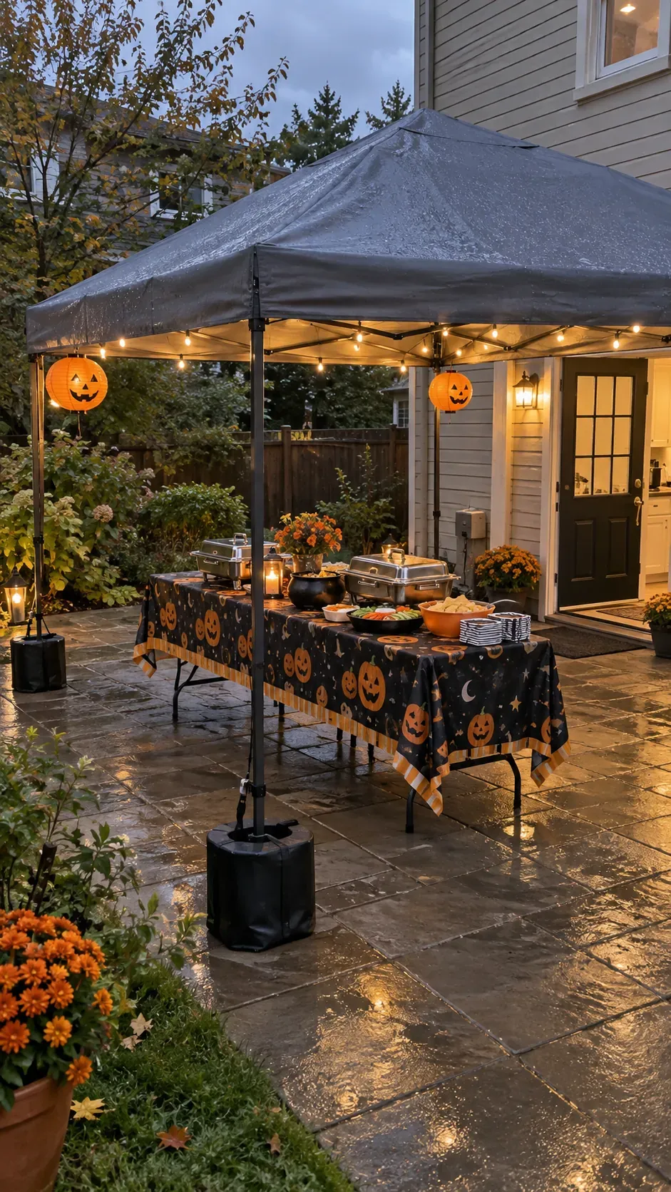 Backyard Halloween party rain ready canopy setup