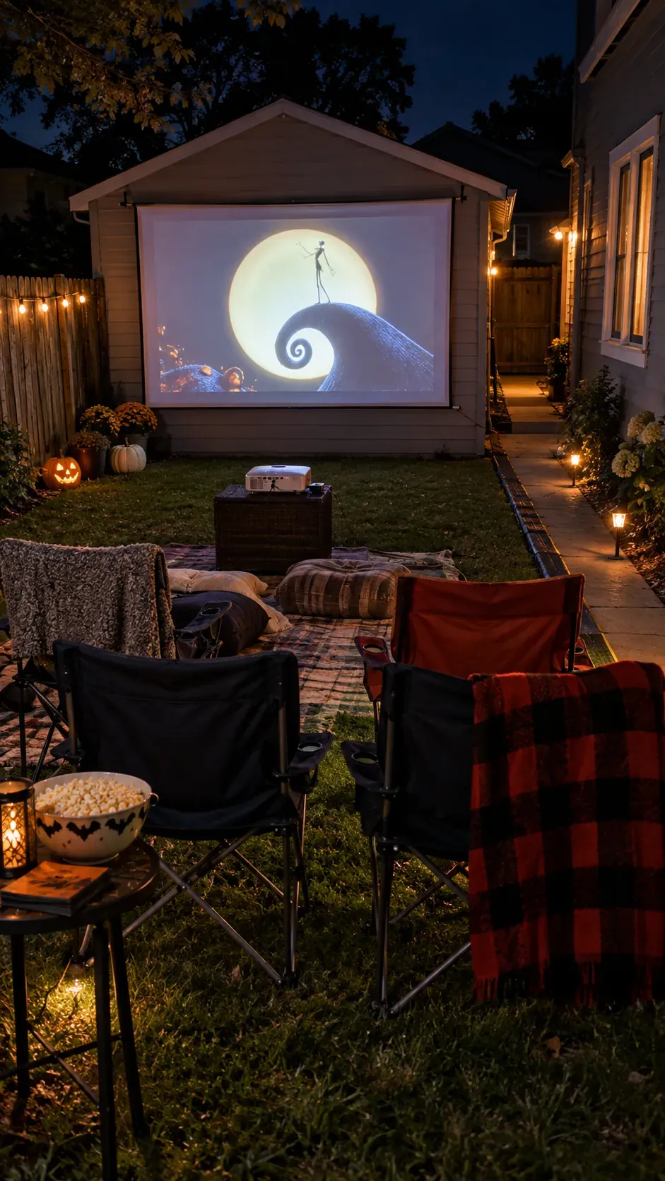 Backyard Halloween party outdoor movie area setup