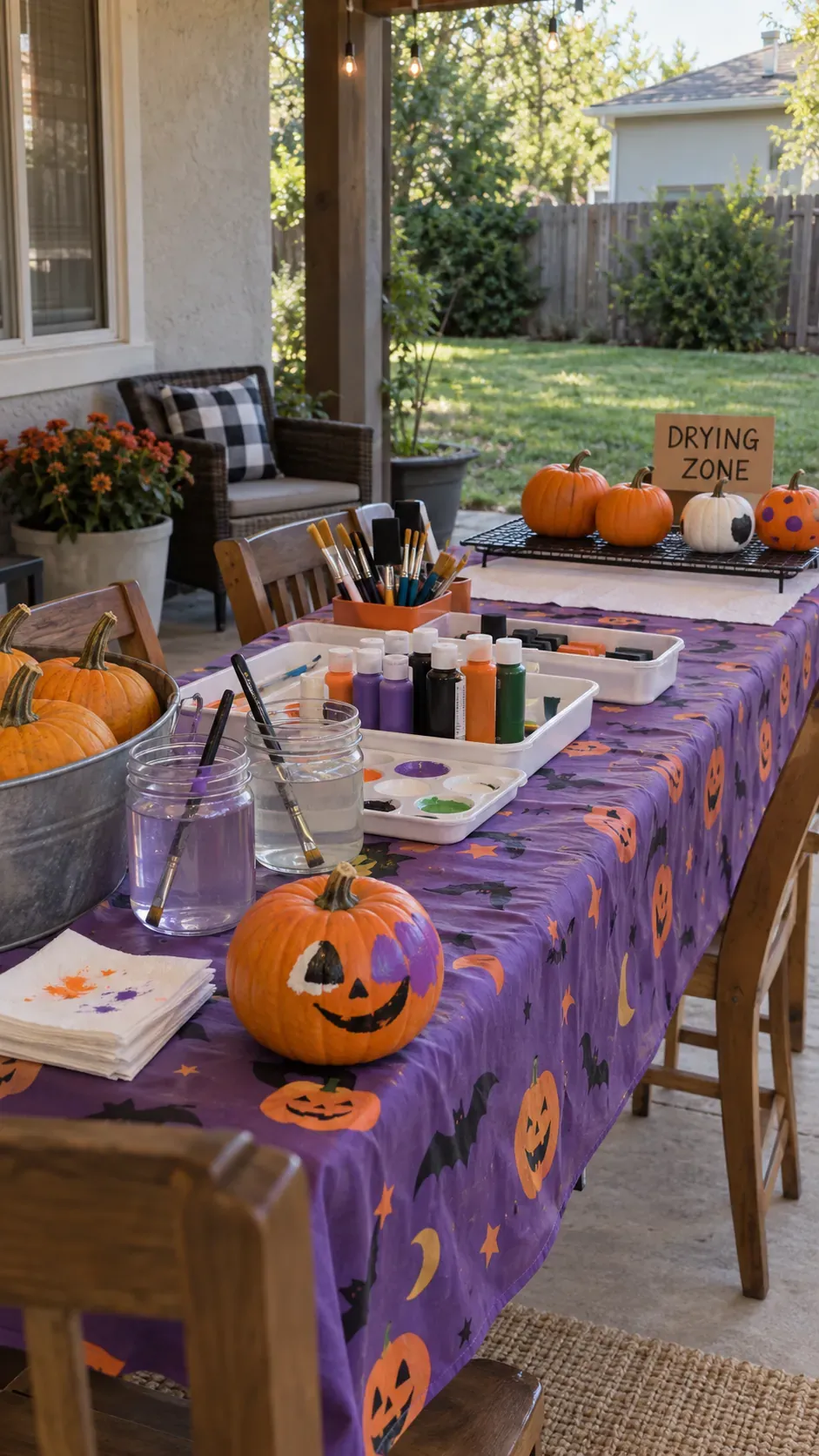 Backyard Halloween party pumpkin painting table setup