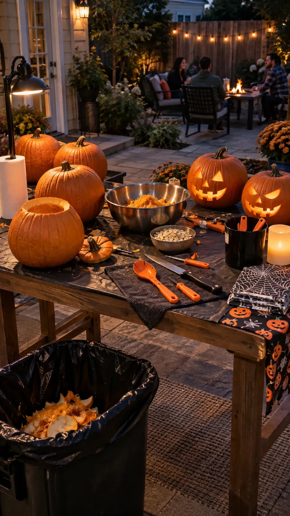 Backyard Halloween party adult carving station setup