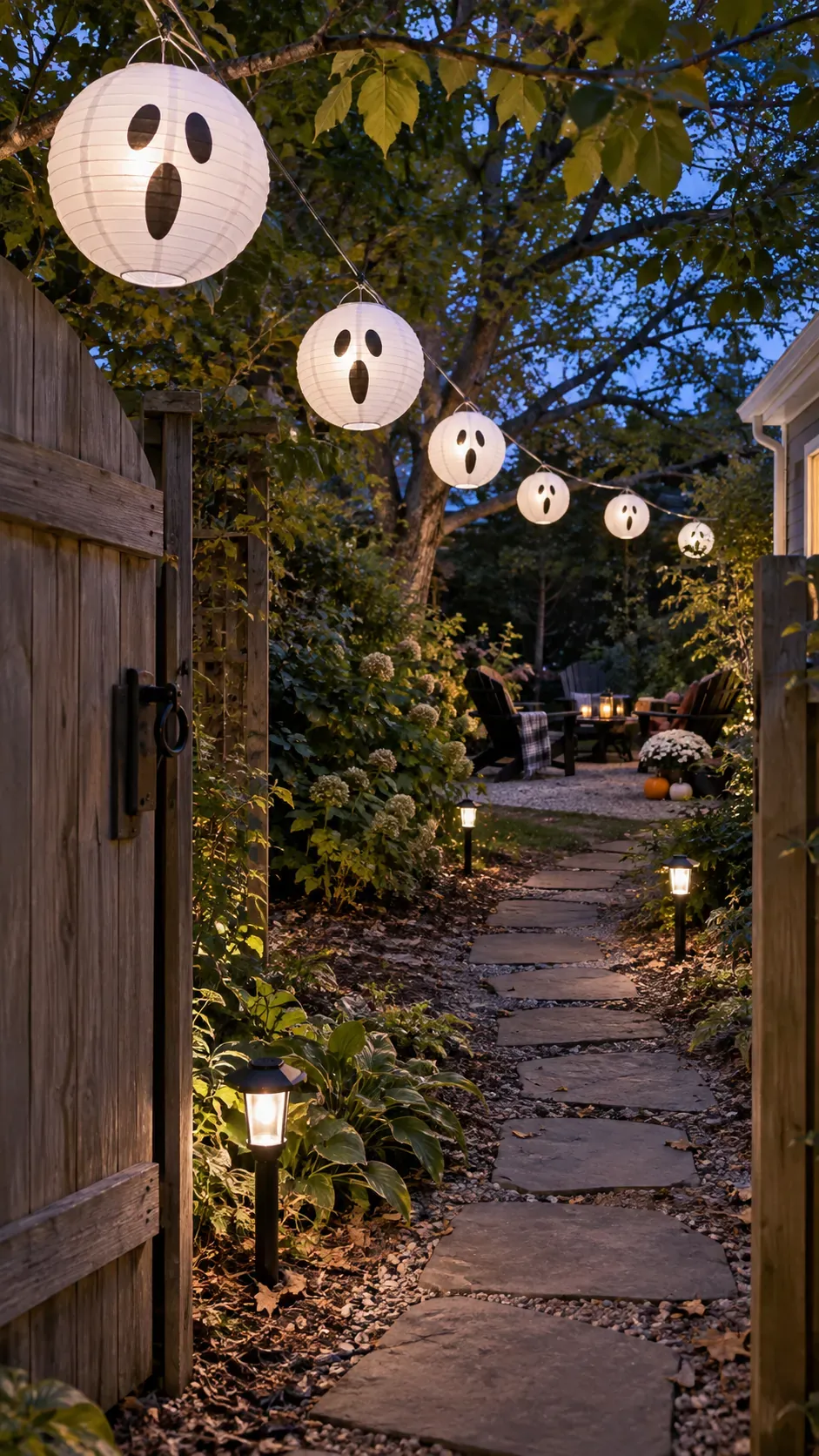 Backyard Halloween party ghost lantern trail setup