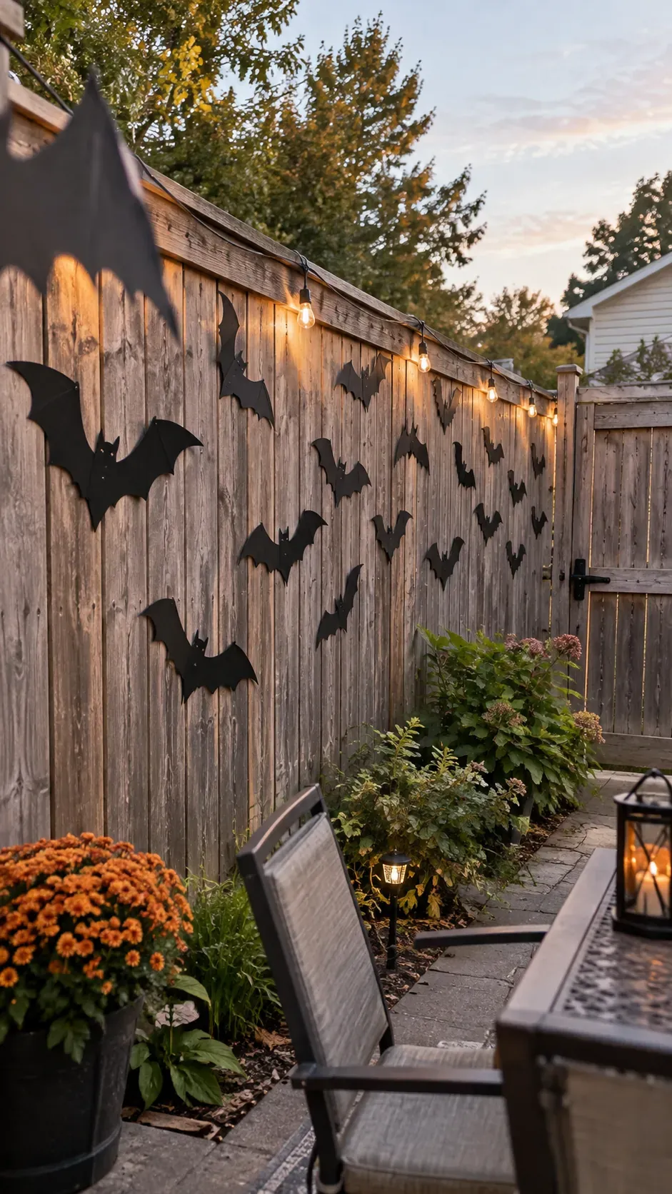 Backyard Halloween party bat silhouette fence setup