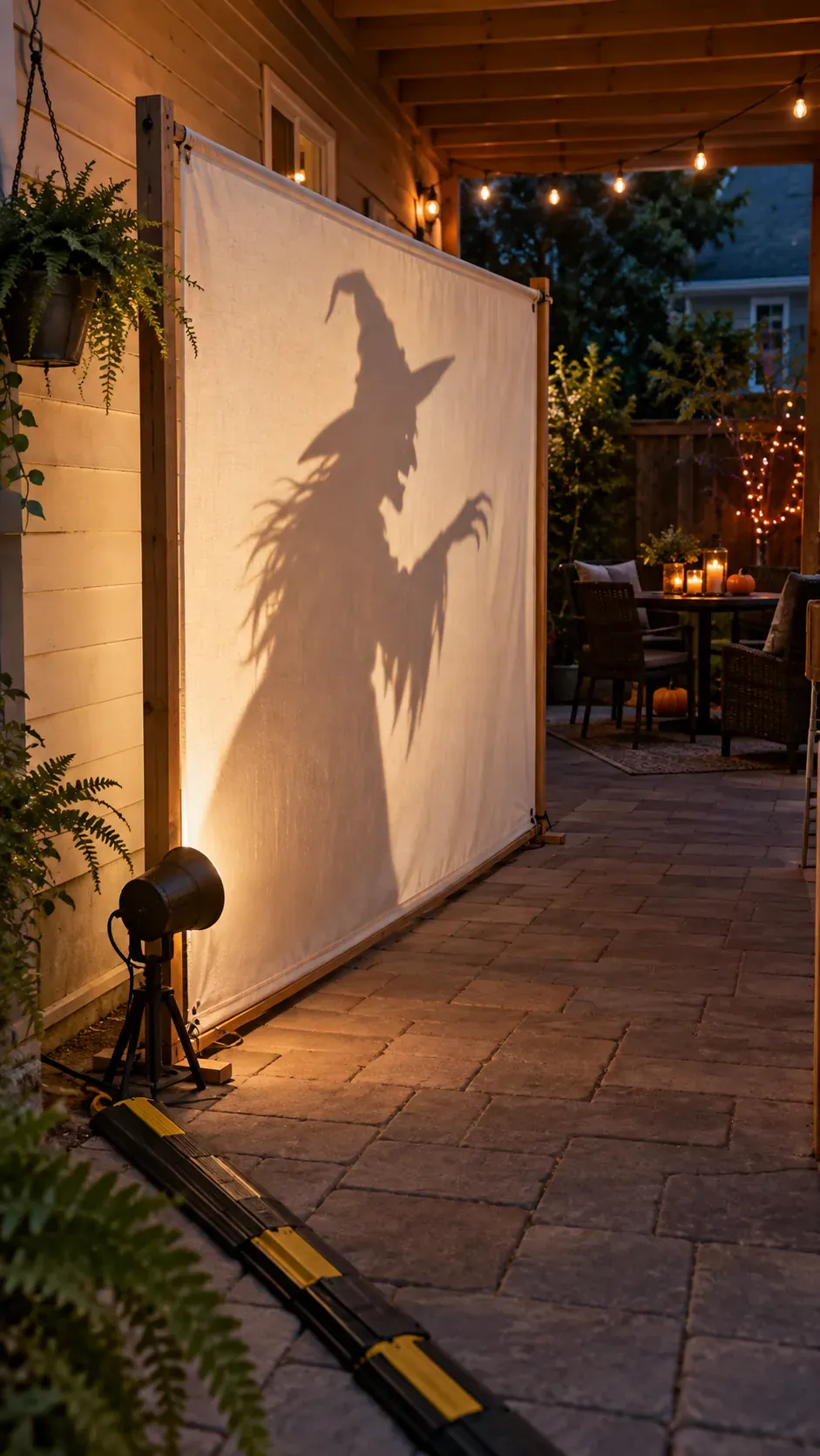 Backyard Halloween party shadow screen setup