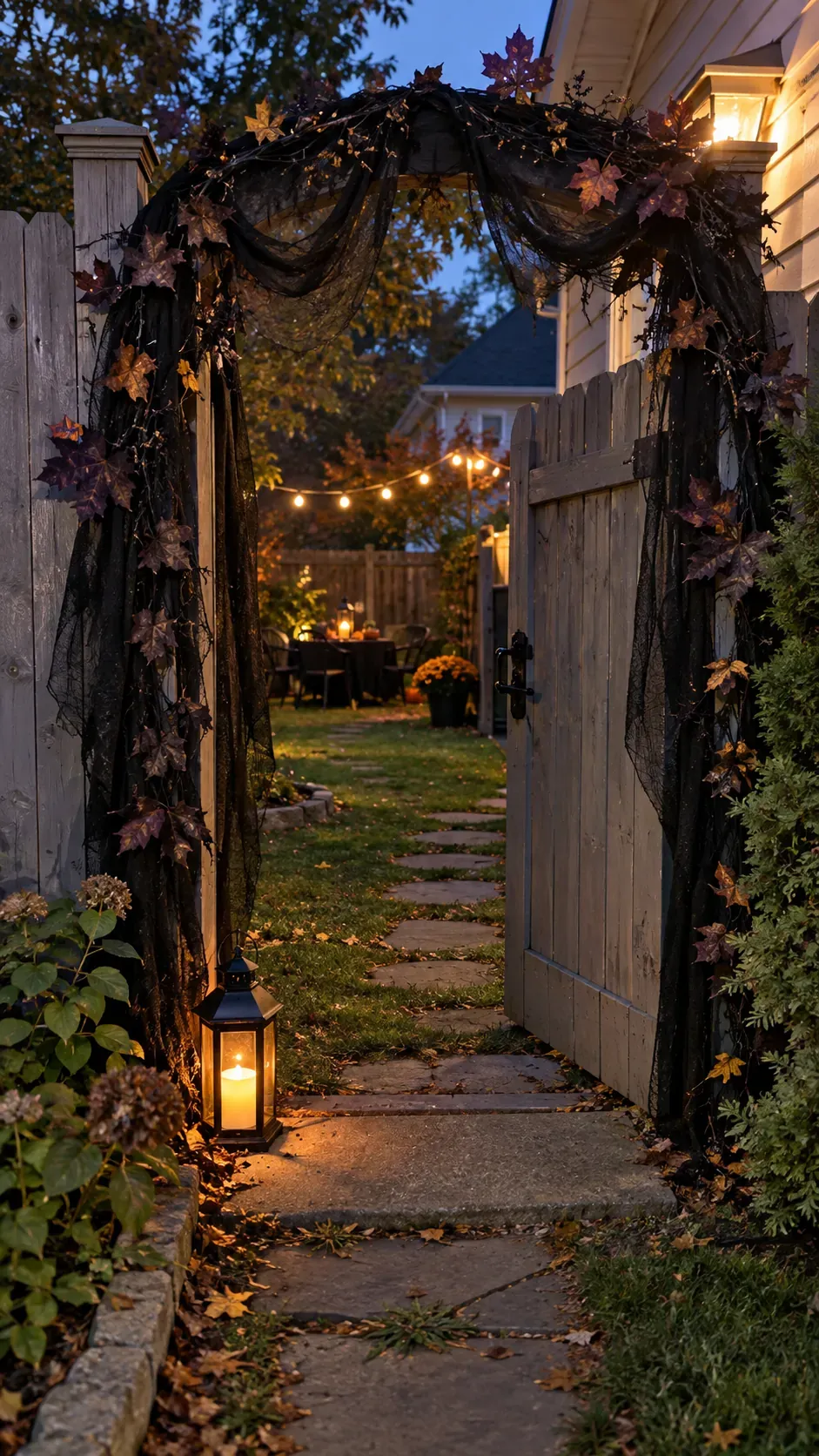 Backyard Halloween party haunted gate arch setup