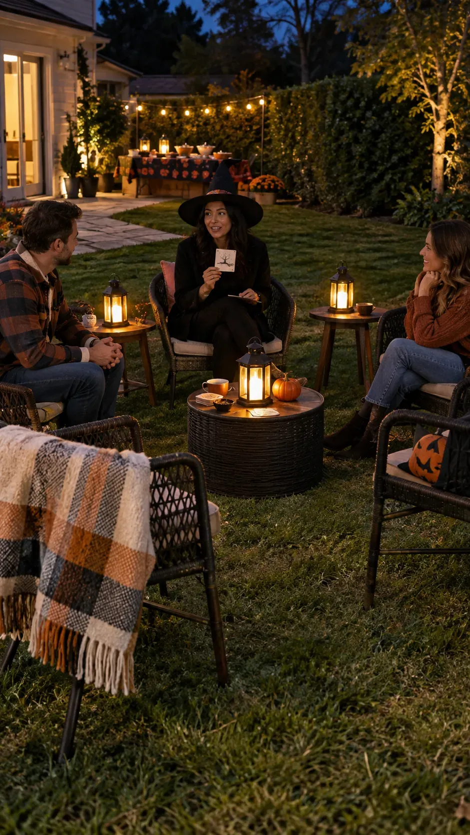 Backyard Halloween party lantern story circle setup