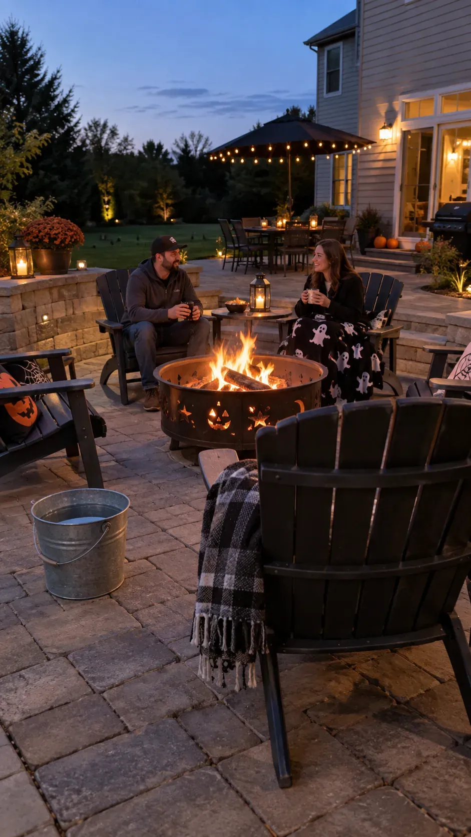 Backyard Halloween party fire pit gathering setup