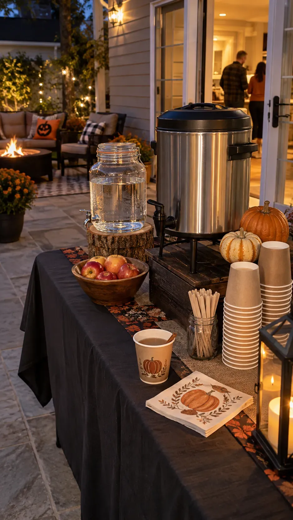 Backyard Halloween party warm cider station setup