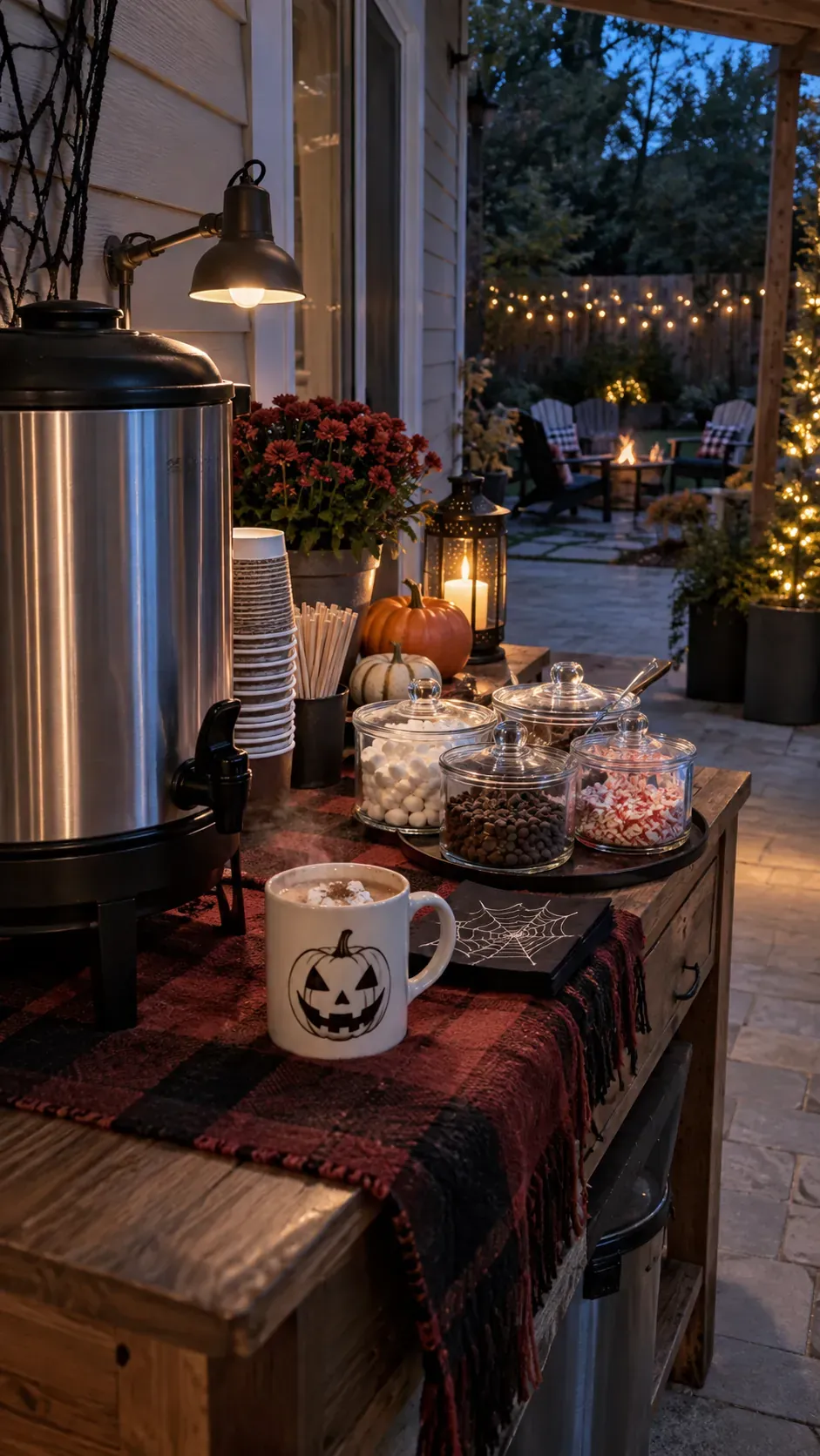 Backyard Halloween party hot chocolate corner setup