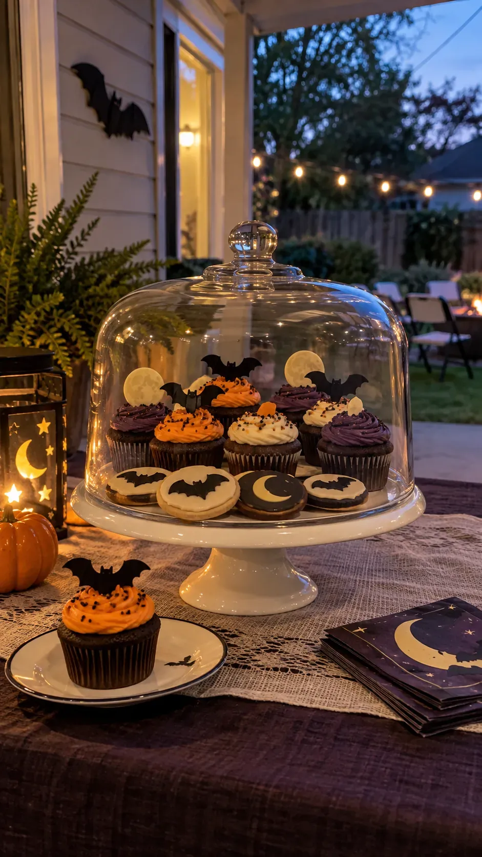 Backyard Halloween party mini dessert display setup