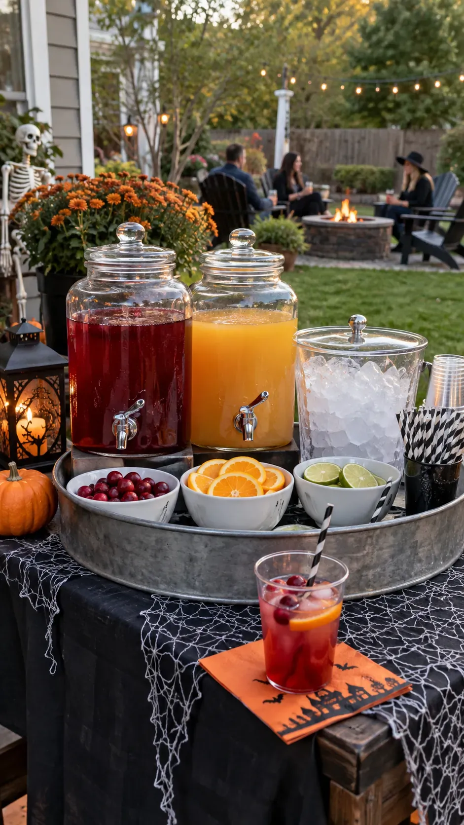Backyard Halloween party mocktail mixing tray setup