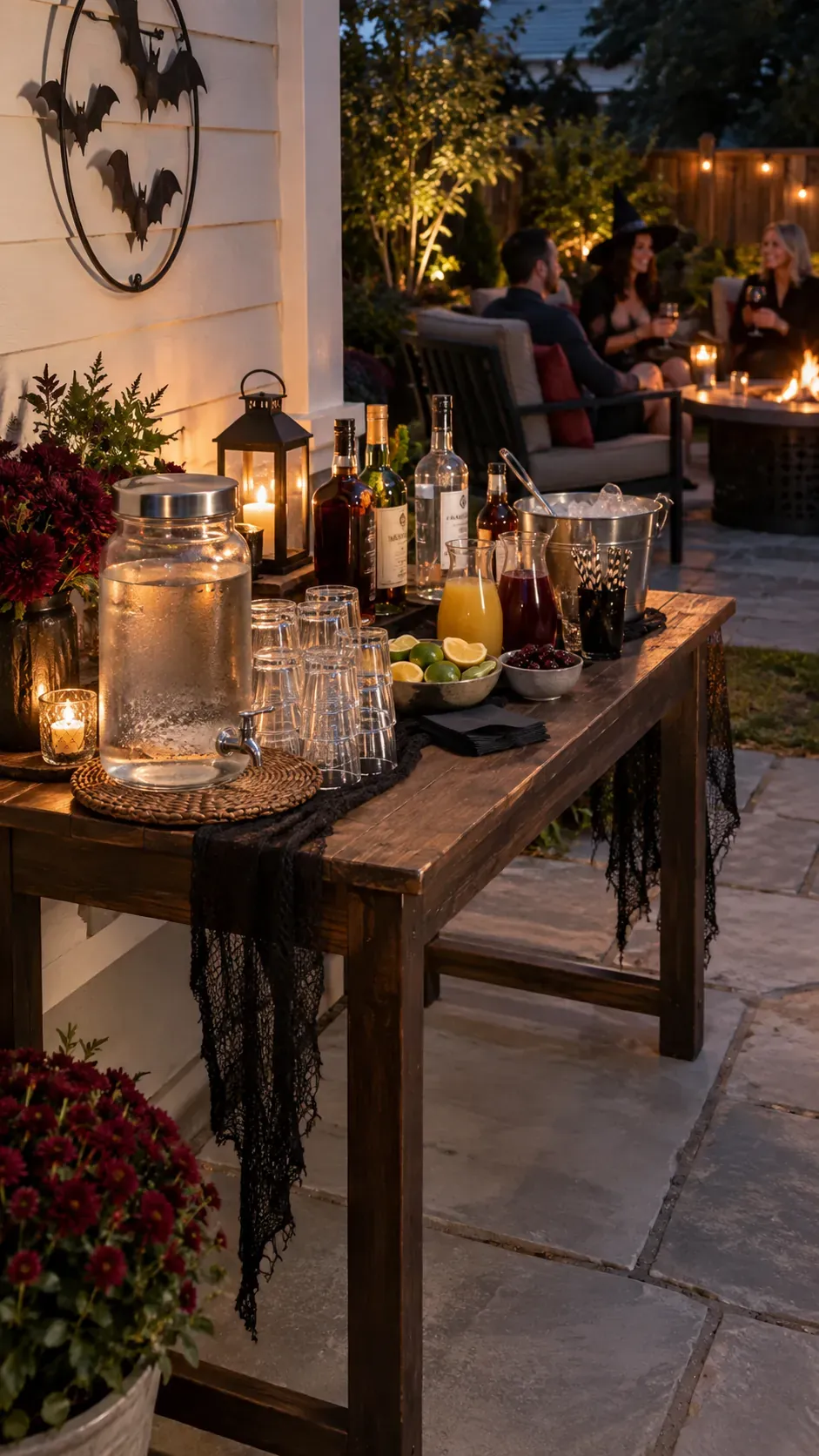 Backyard Halloween party adult drinks table setup