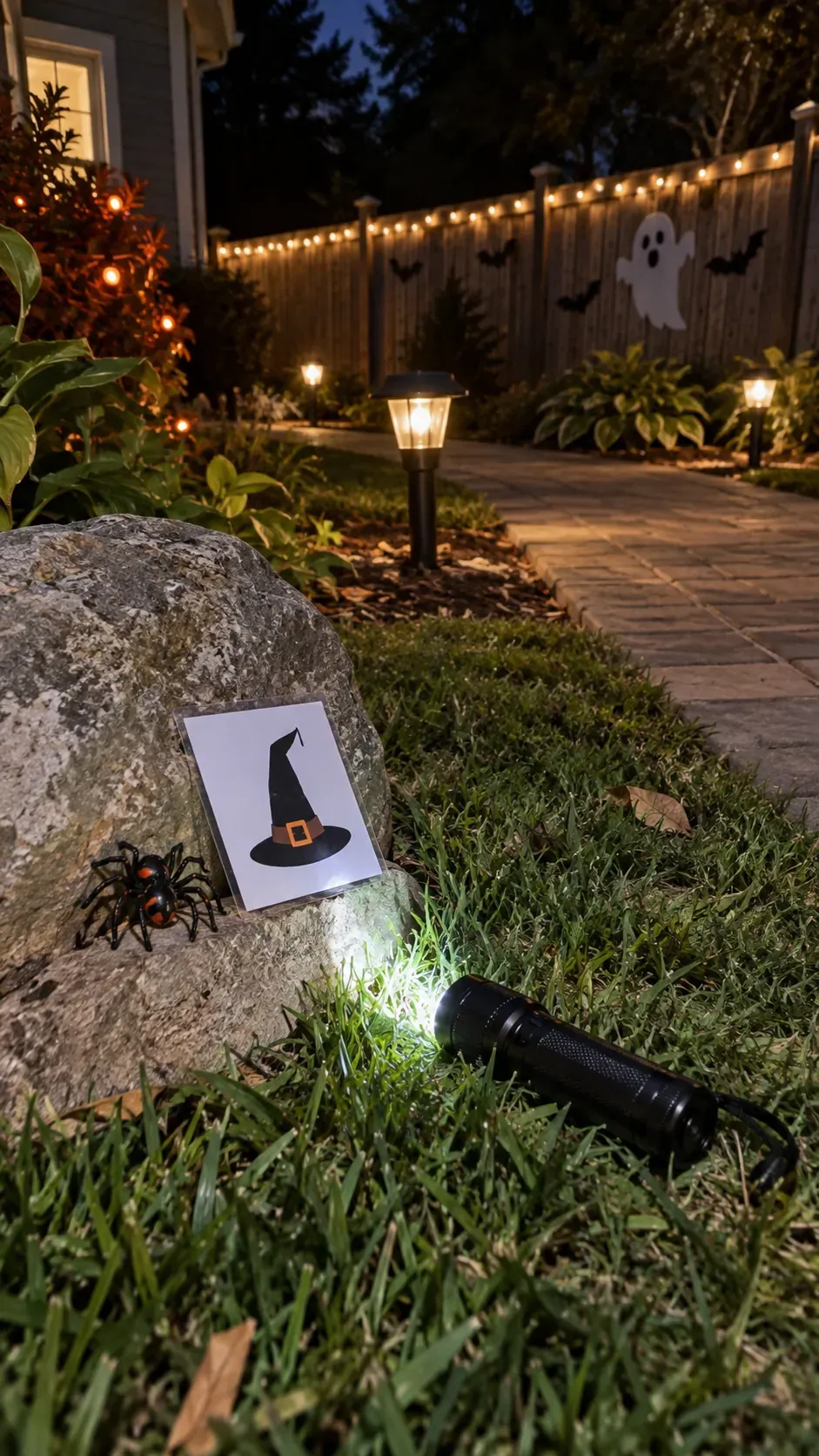 Backyard Halloween party flashlight scavenger hunt setup