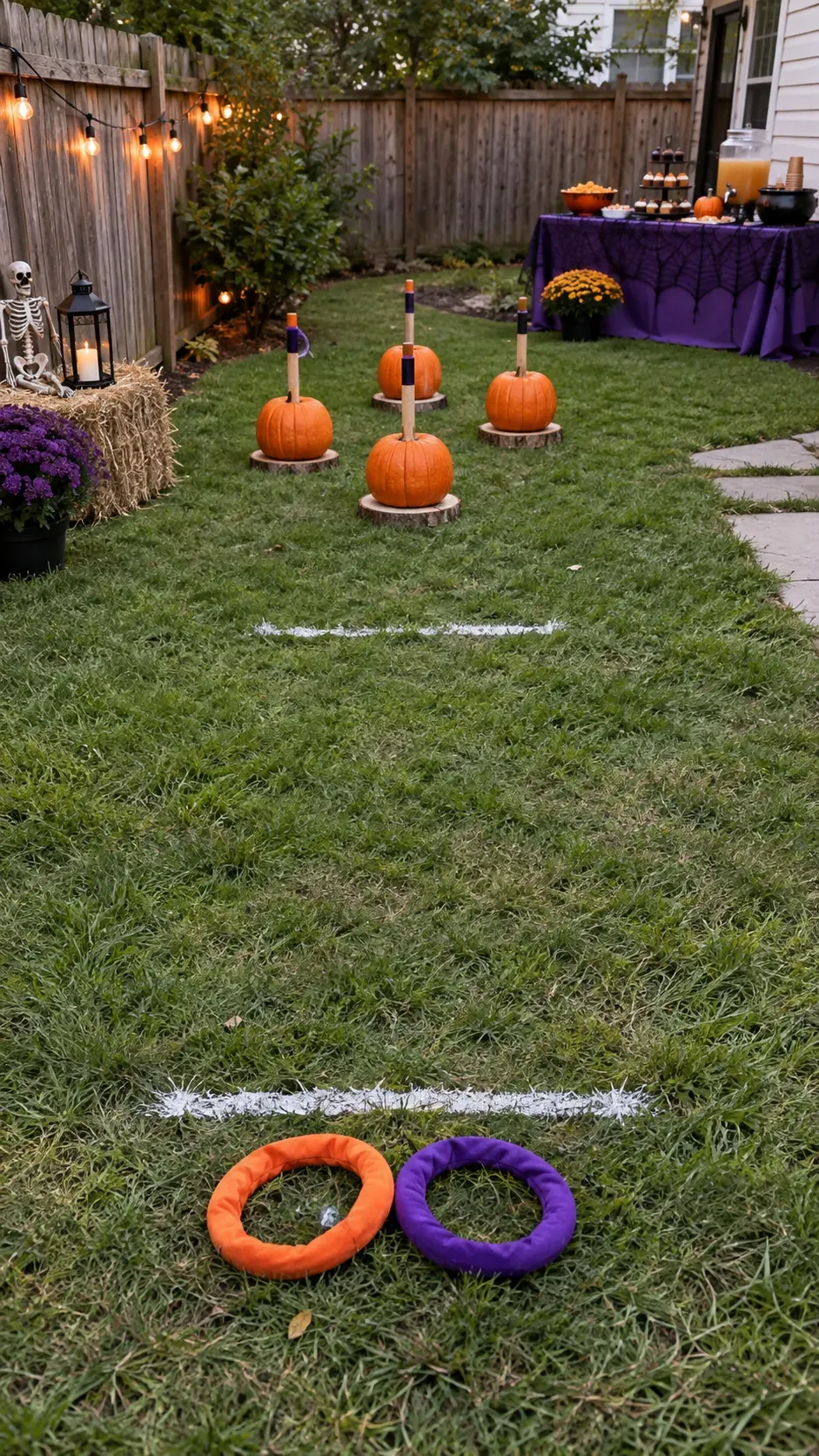 Backyard Halloween party pumpkin ring toss setup