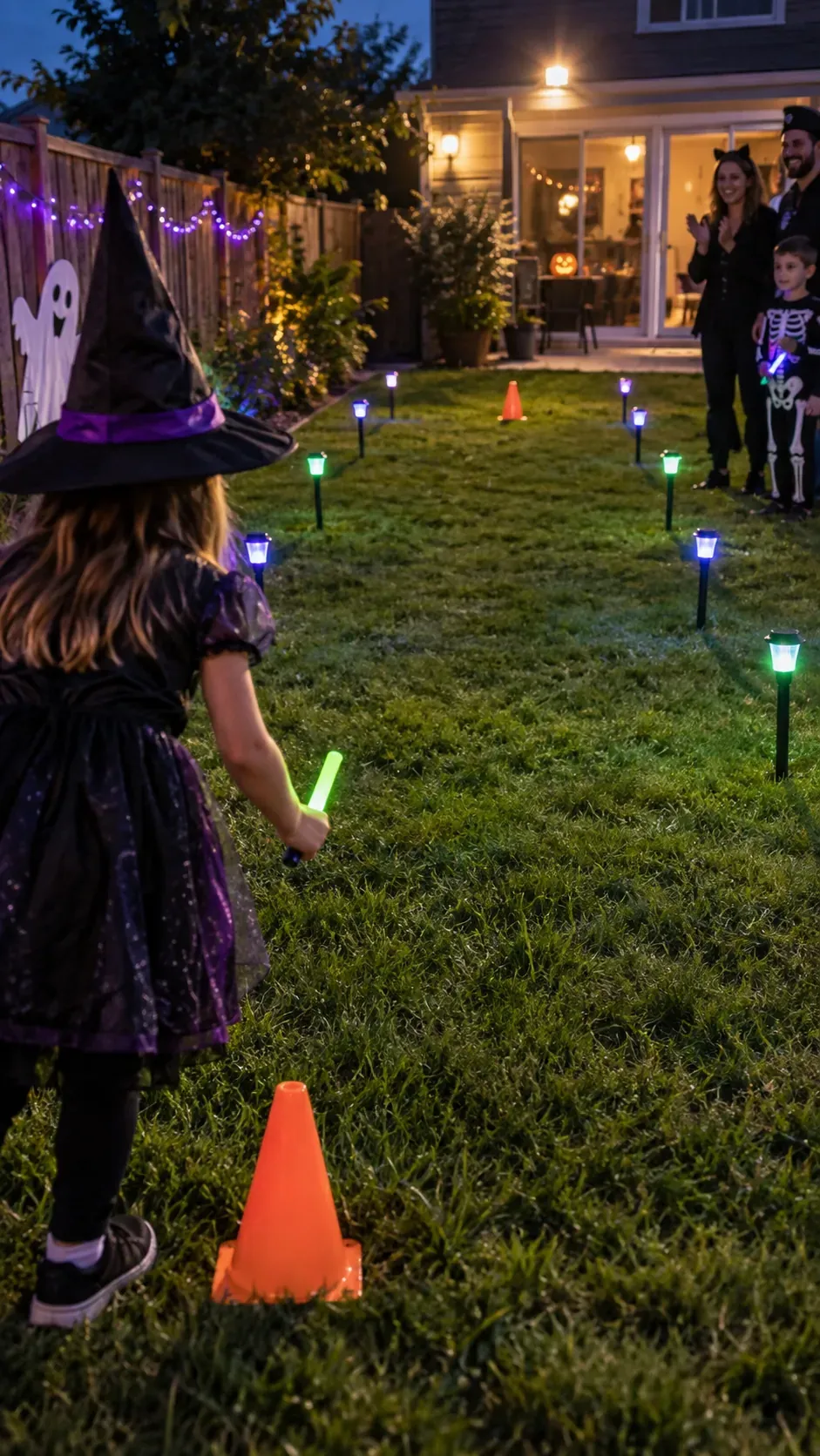 Backyard Halloween party glow stick relay setup