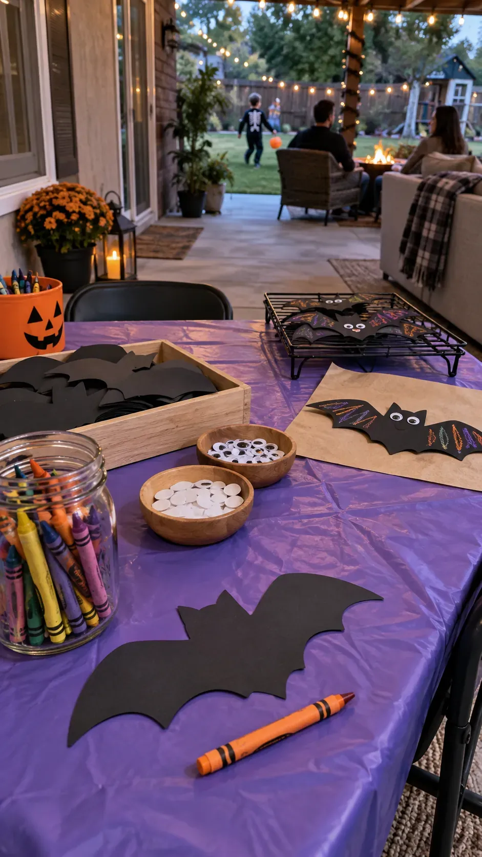 Backyard Halloween party paper bat craft table setup