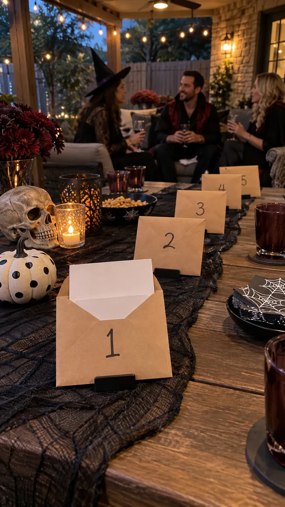 Backyard Halloween party mystery envelope game setup
