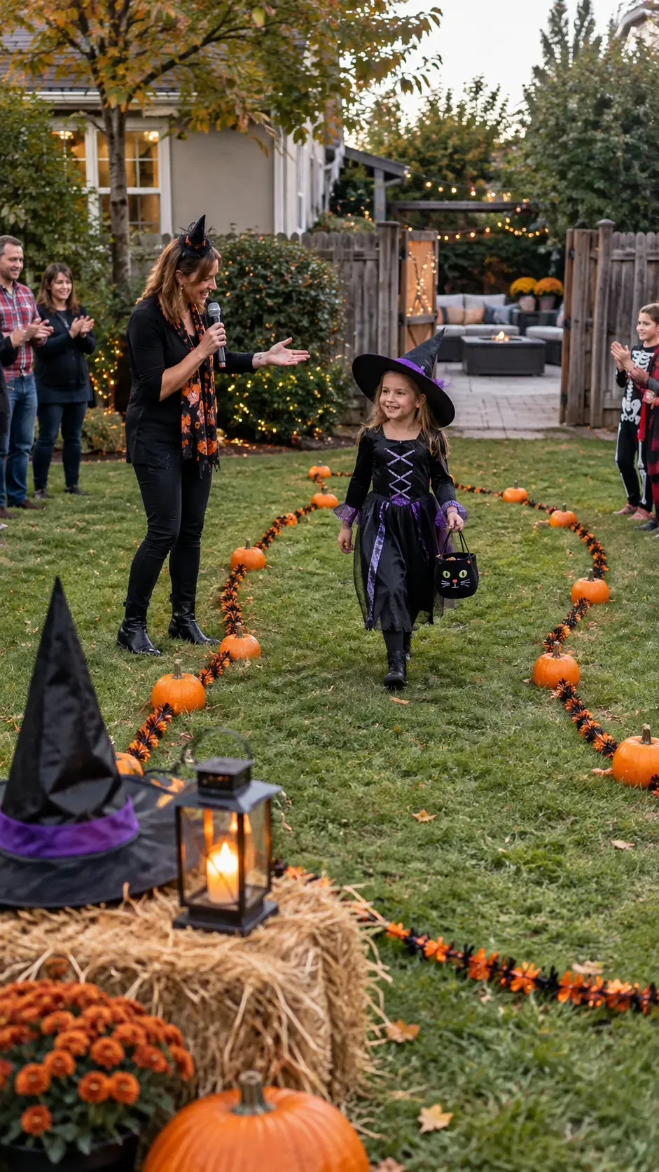 Backyard Halloween party costume parade loop setup