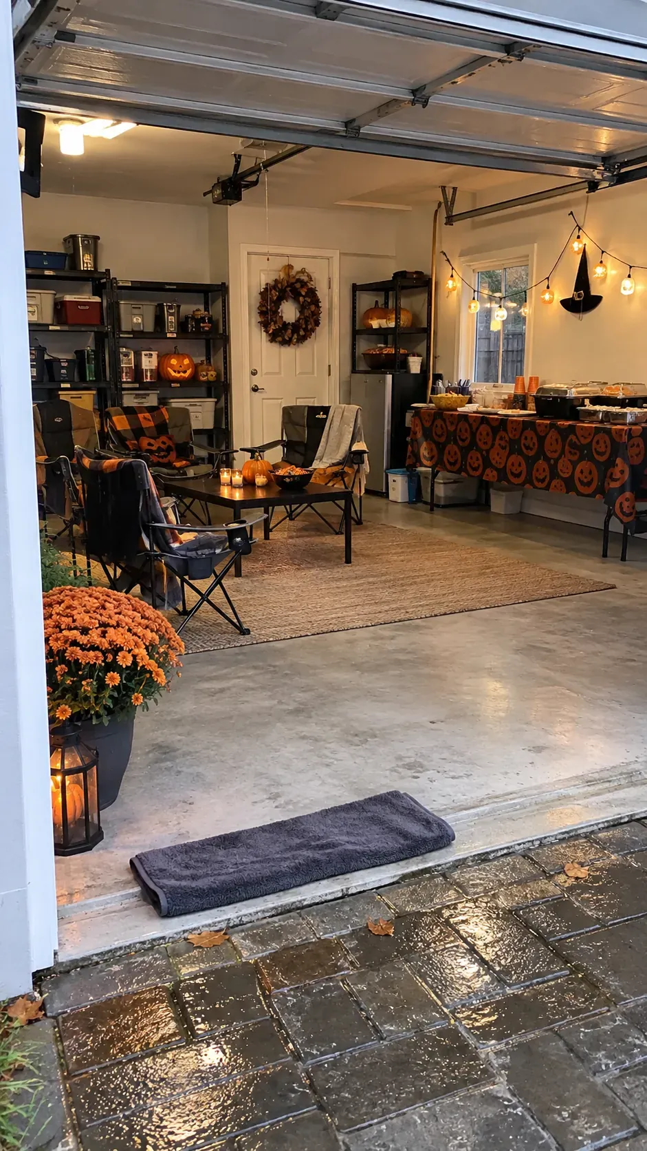 Backyard Halloween party garage rain shelter setup
