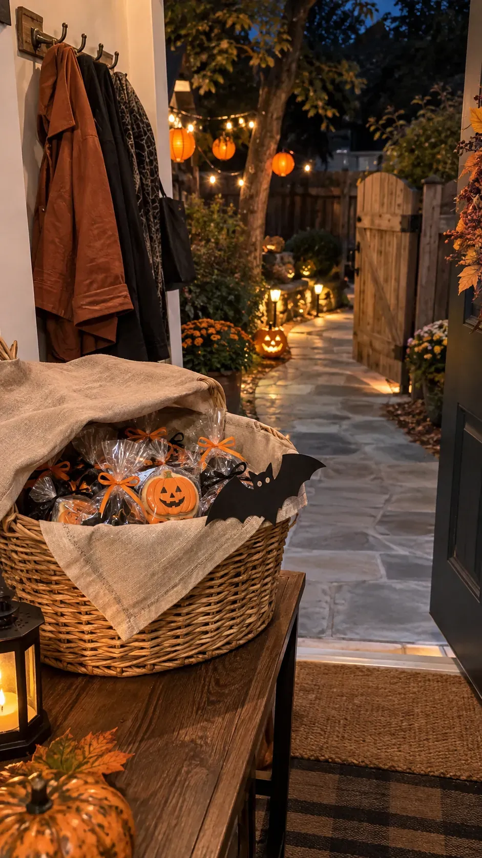 Backyard Halloween party exit favor basket setup