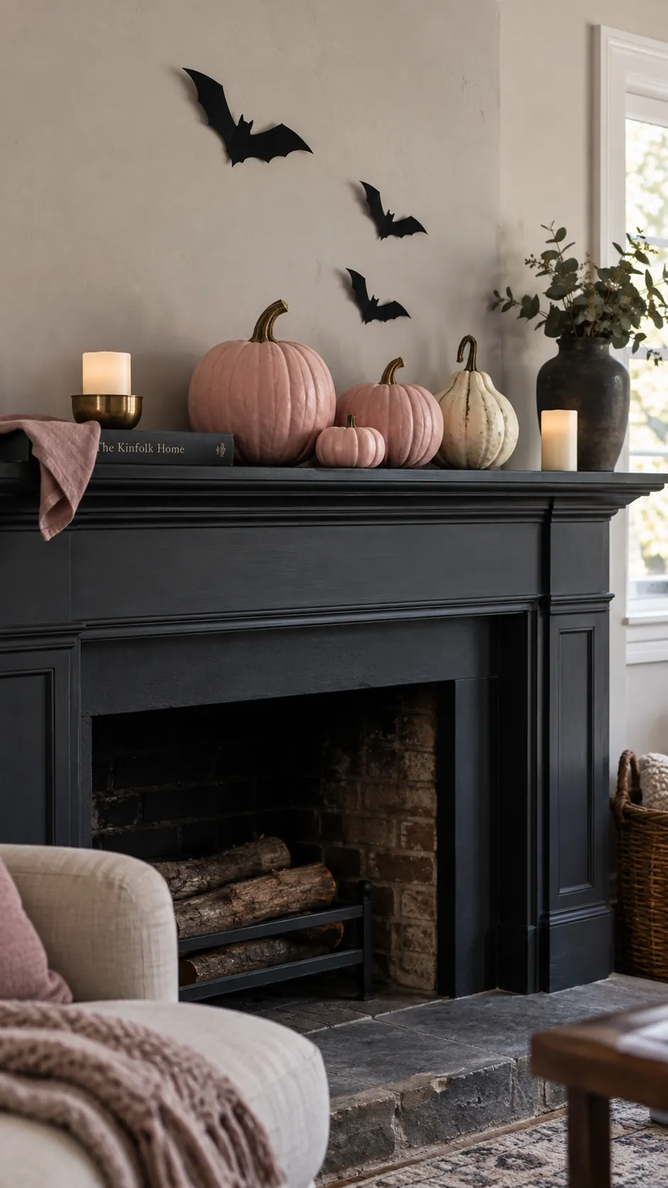 Pink and black Halloween decor in a welcoming lived in home