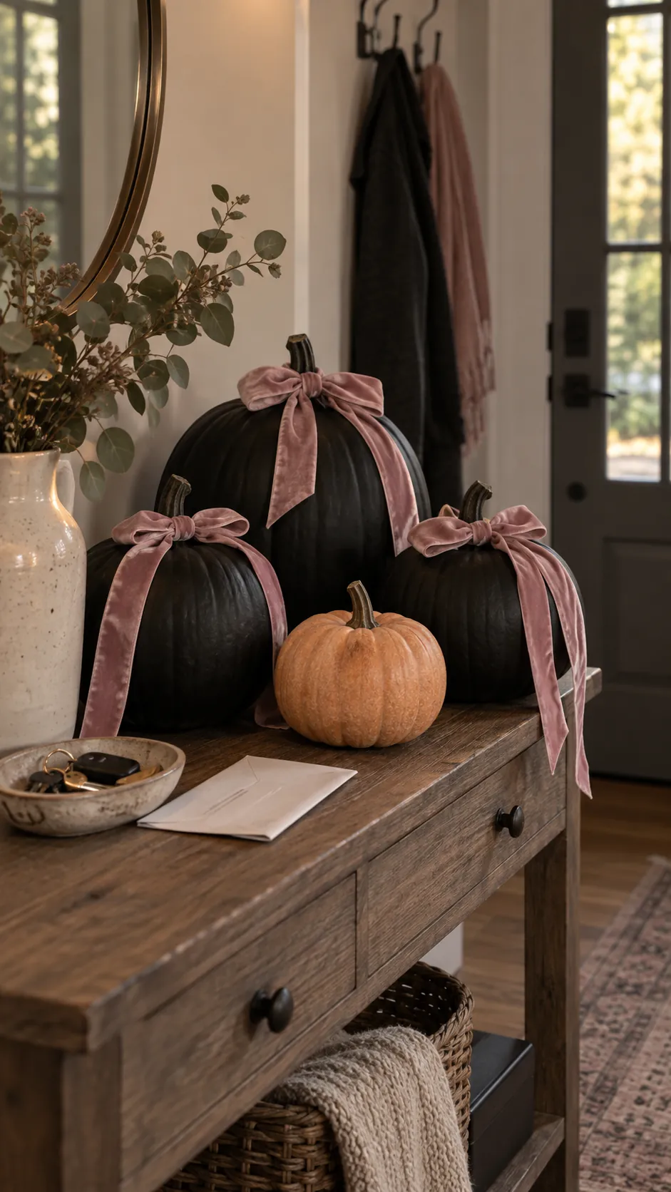 Pink and black Halloween decor with three matte black painted pumpkins with dusty pink velvet tied at their stems and one unpainted pumpkin