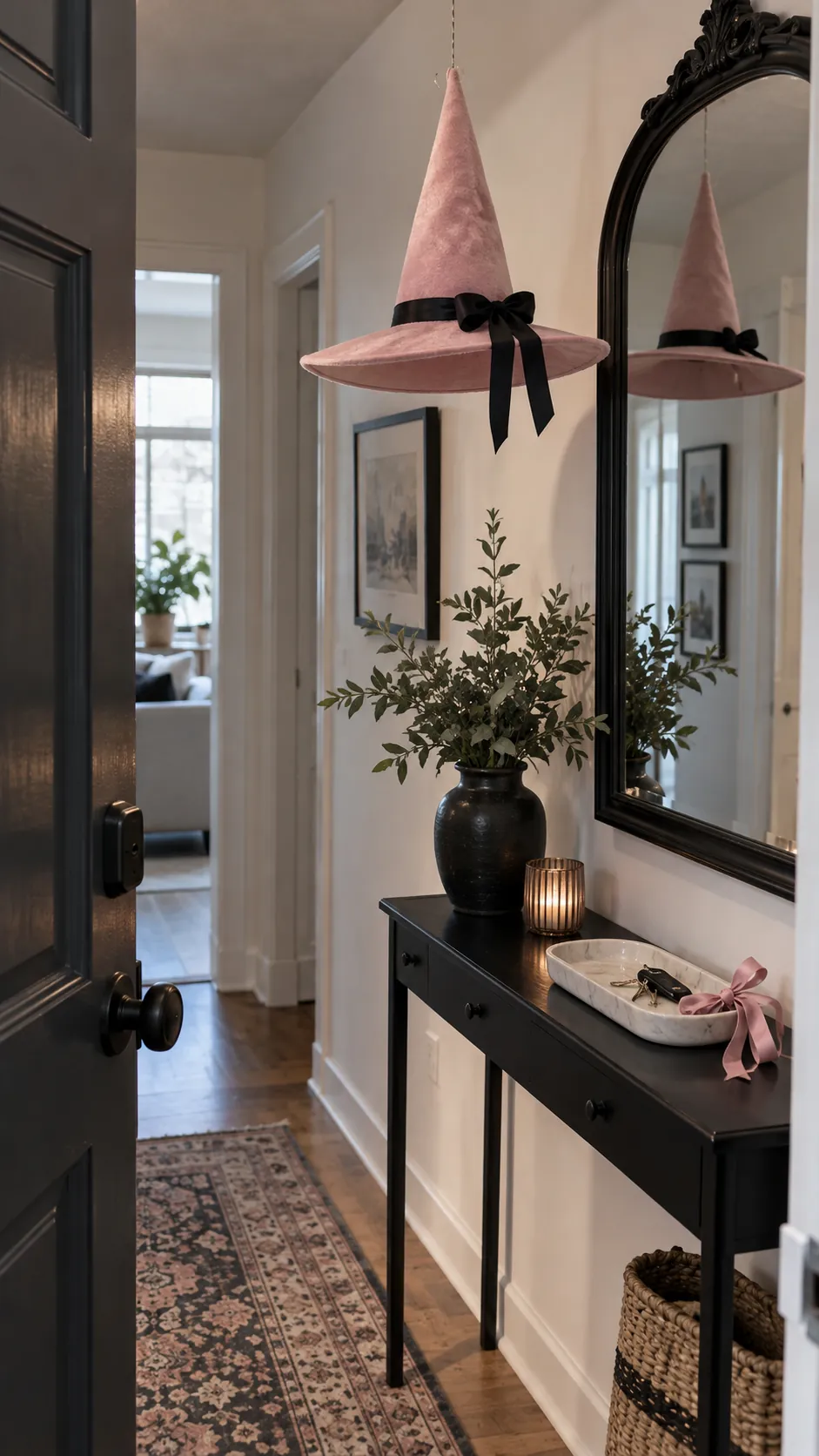 Pink and black Halloween decor with a single soft pink felt witch hat suspended over the table