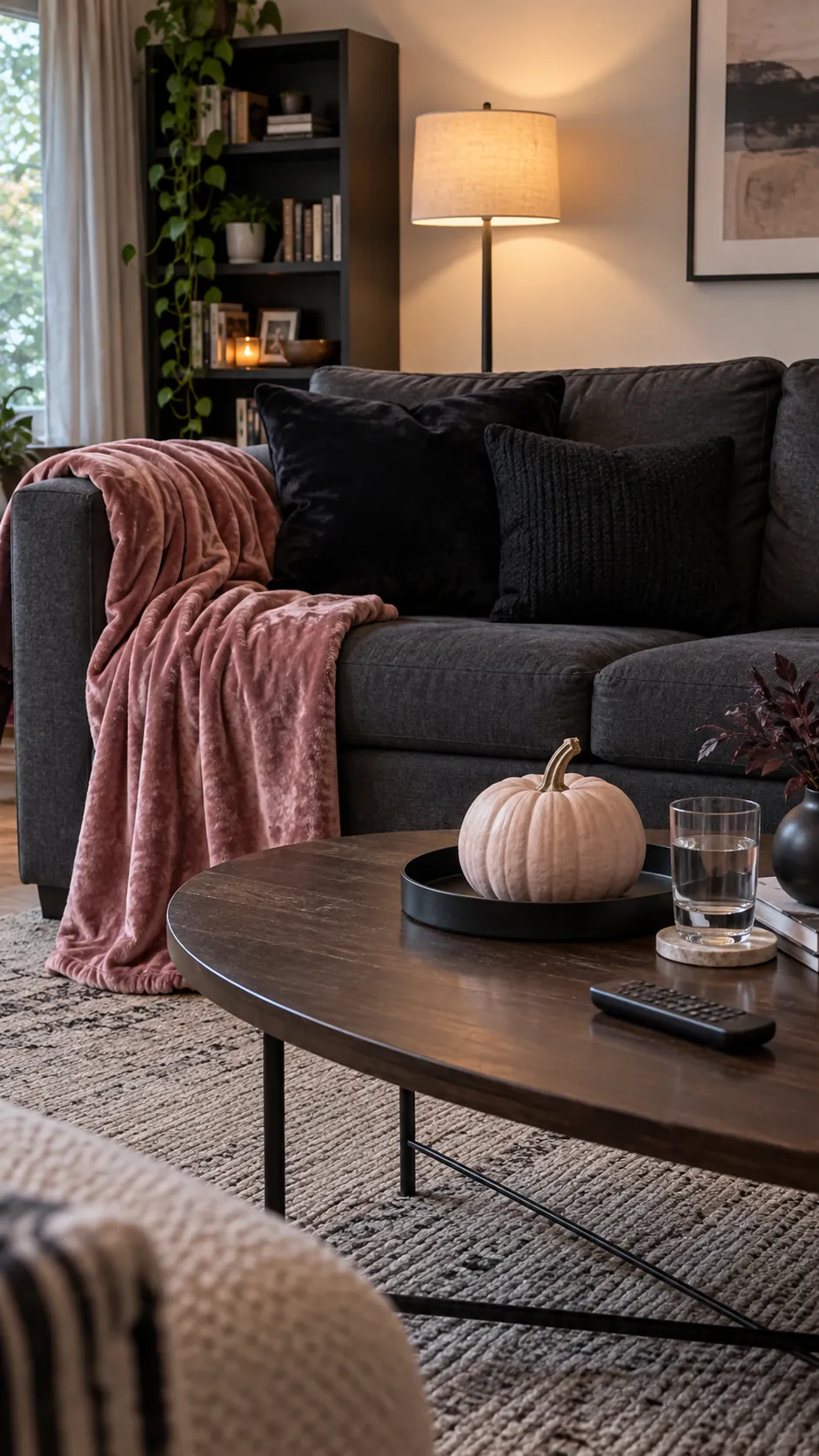 Pink and black Halloween decor with a rose velvet throw draped over one arm, two black cushions, and a single pale pumpkin on the table