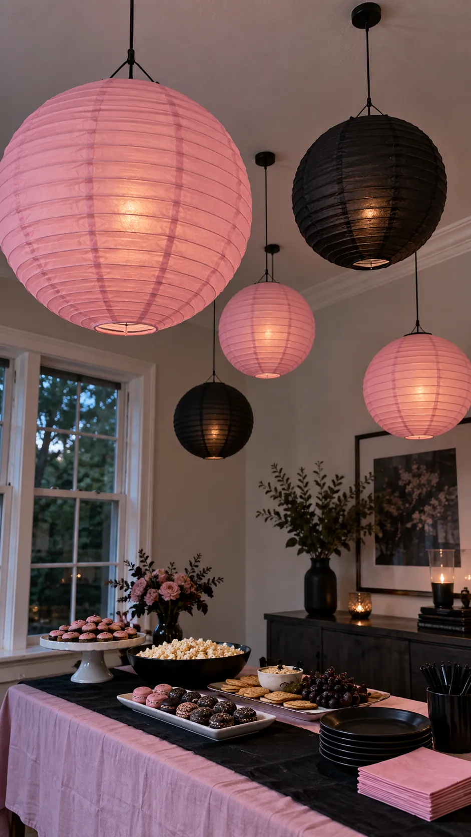 Pink and black Halloween decor with separate pink and black paper lanterns hung at staggered safe heights over a buffet table