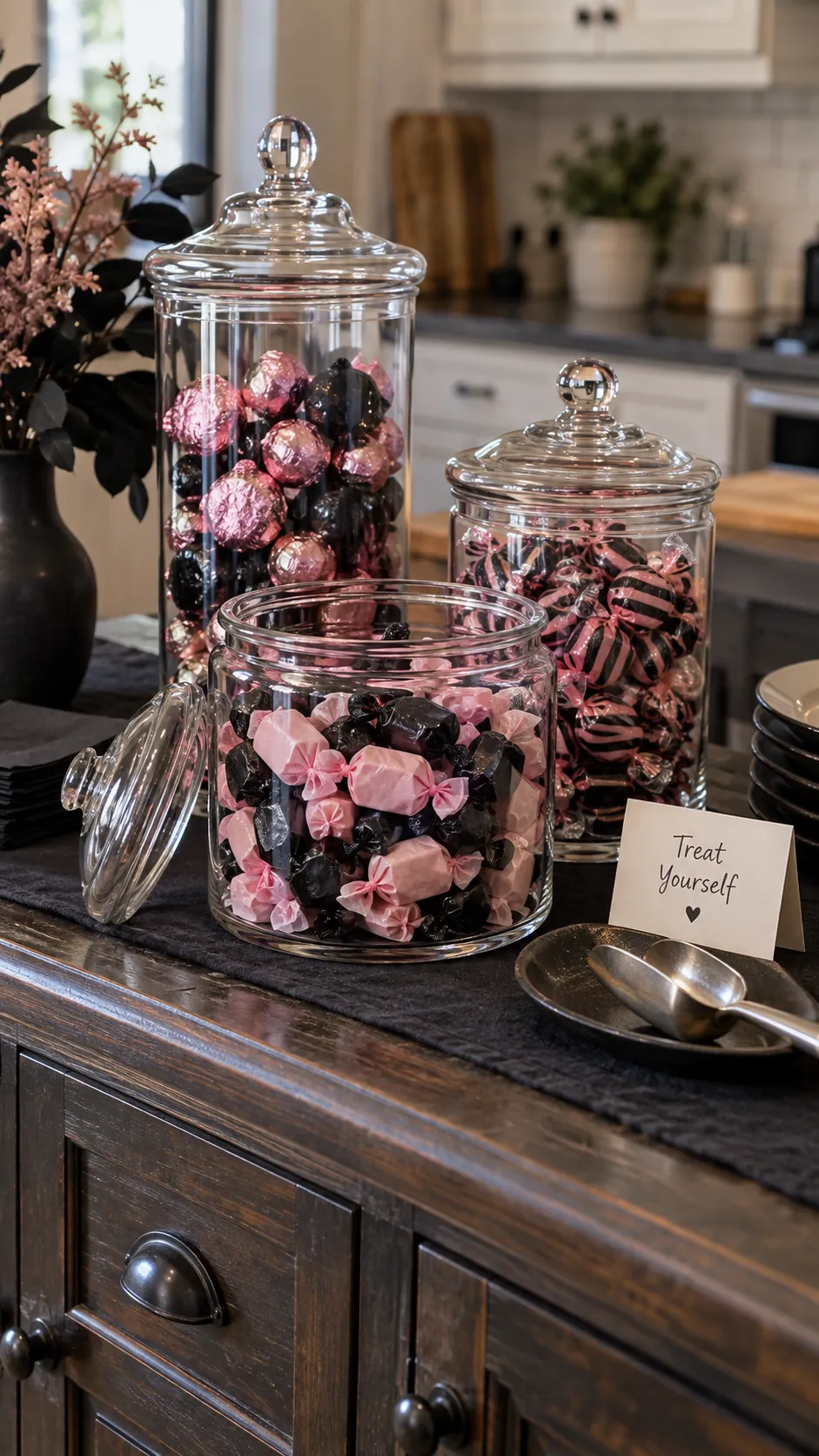 Pink and black Halloween decor with three clear or smoky glass jars filled with pink and black wrapped candy