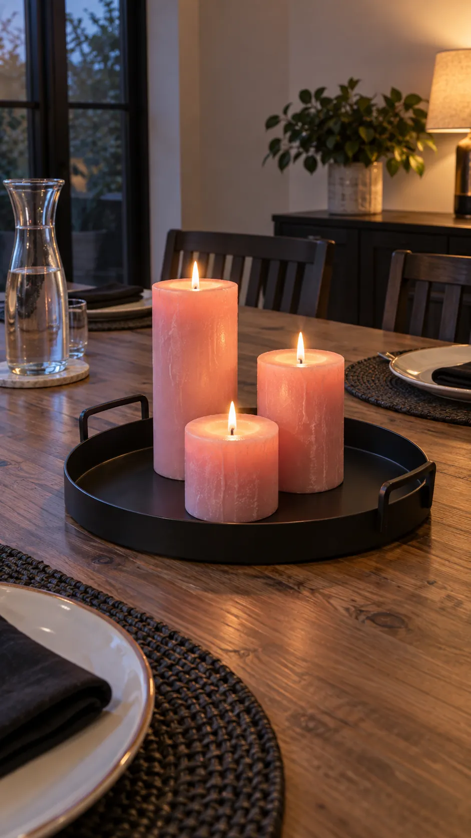 Pink and black Halloween decor with pink pillar candles at three different heights with no other tall decorations