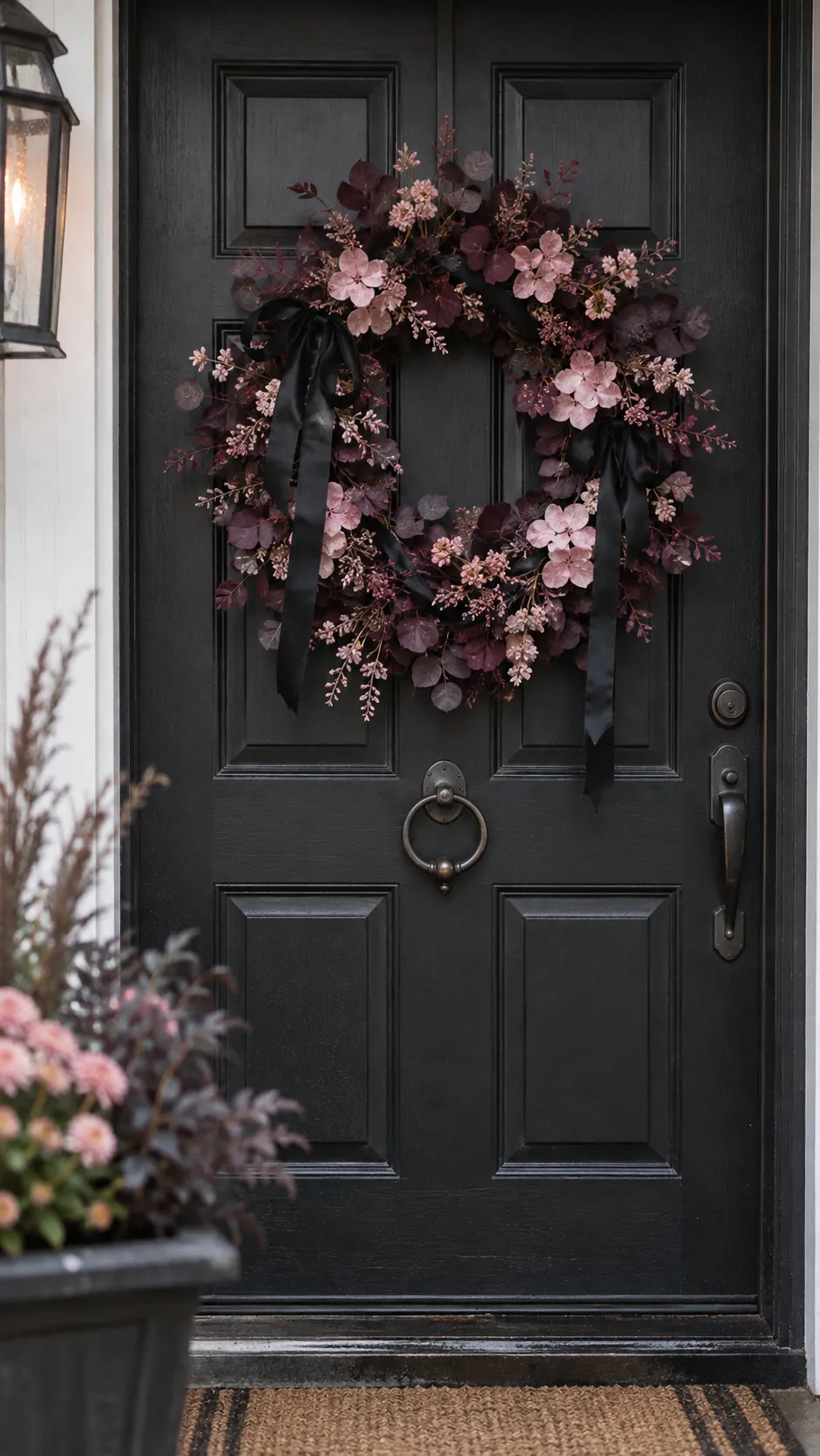 Pink and black Halloween decor with an airy wreath of deep plum leaves, pale pink blossoms, and a few black ribbon loops