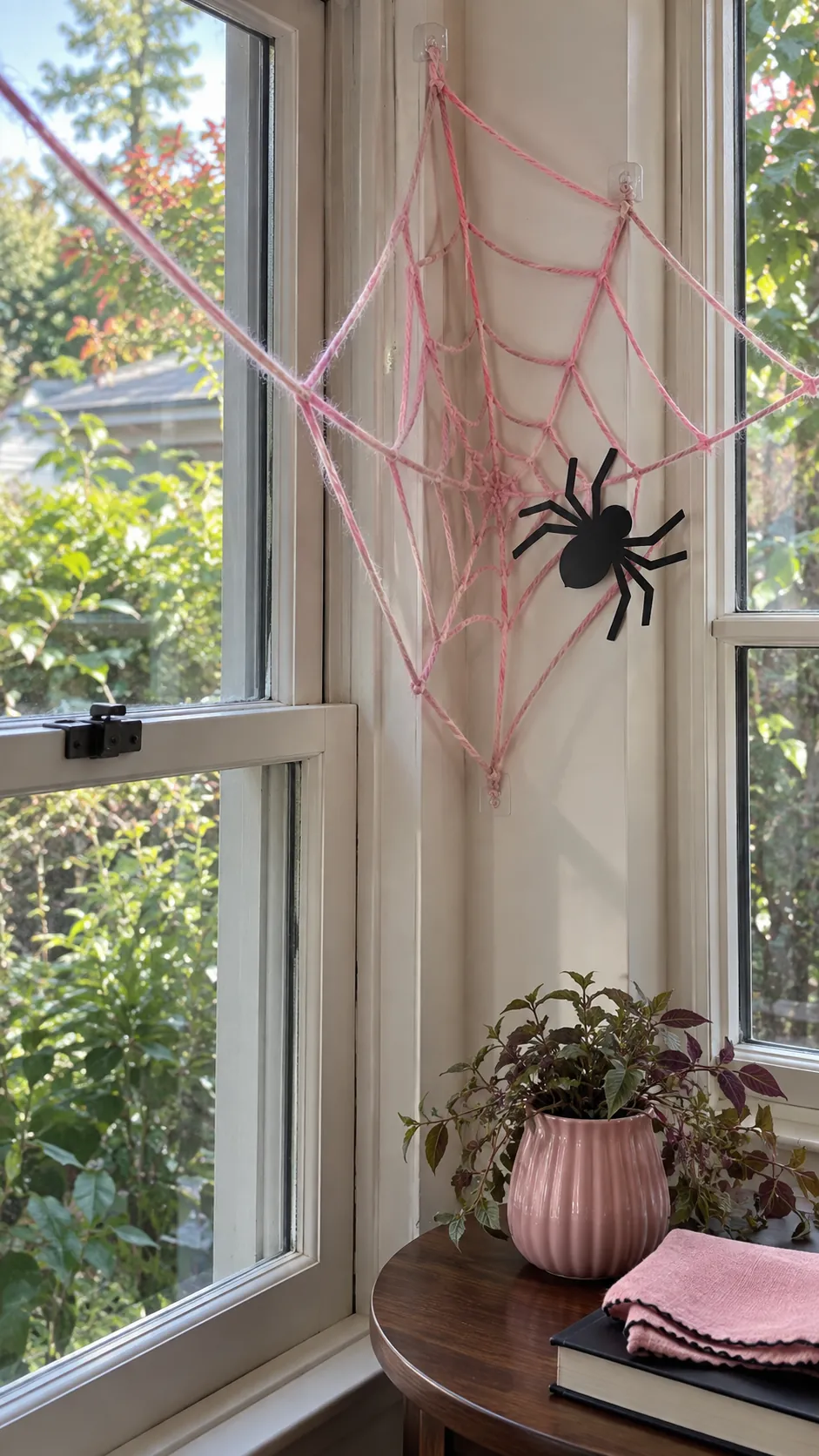 Pink and black Halloween decor with a sparse handmade pink yarn web attached with removable hooks and one black paper spider
