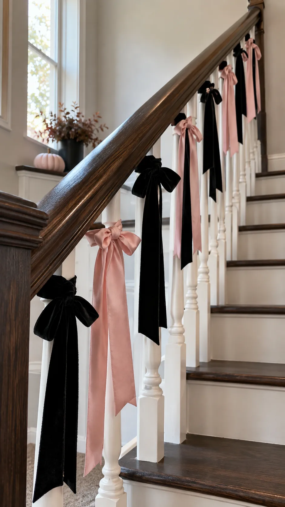 Pink and black Halloween decor with short alternating black and dusty pink velvet and satin ribbons tied around spaced rail supports