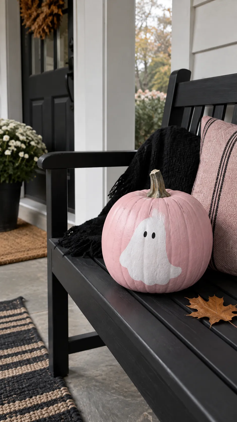 Pink and black Halloween decor with a pale pink pumpkin painted with one friendly white ghost and small black eyes