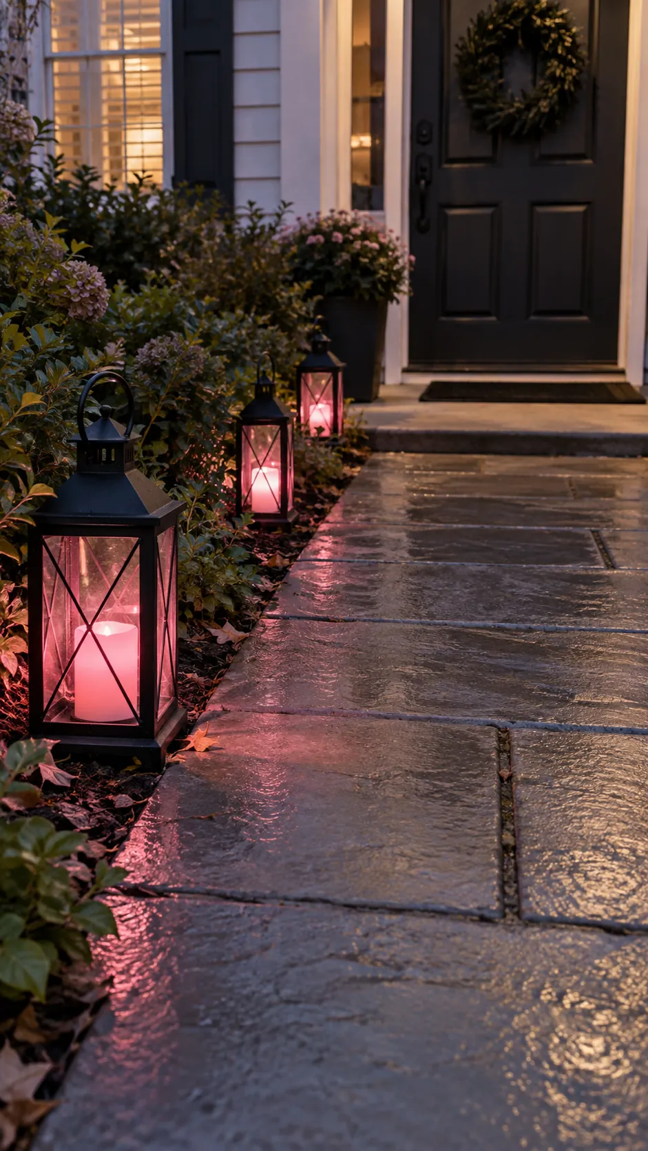 Pink and black Halloween decor with black metal lanterns holding soft pink battery lights along one side of the path