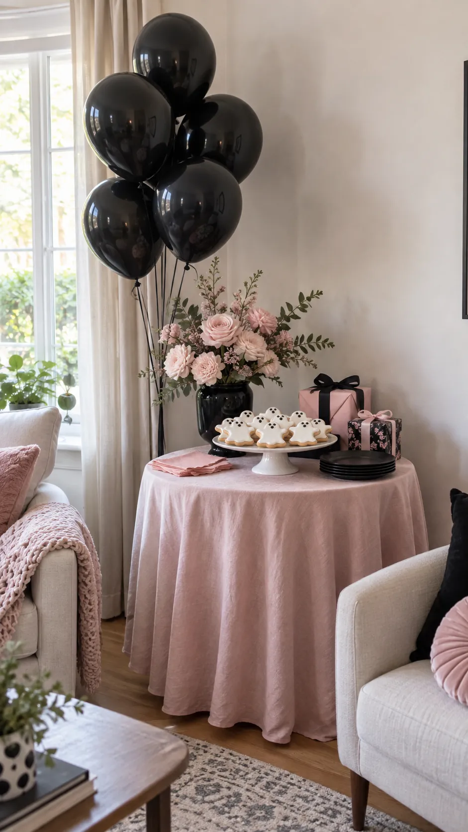 Pink and black Halloween decor with a restrained black balloon cluster, blush flowers, and a small dessert stand with ghost shaped cookies