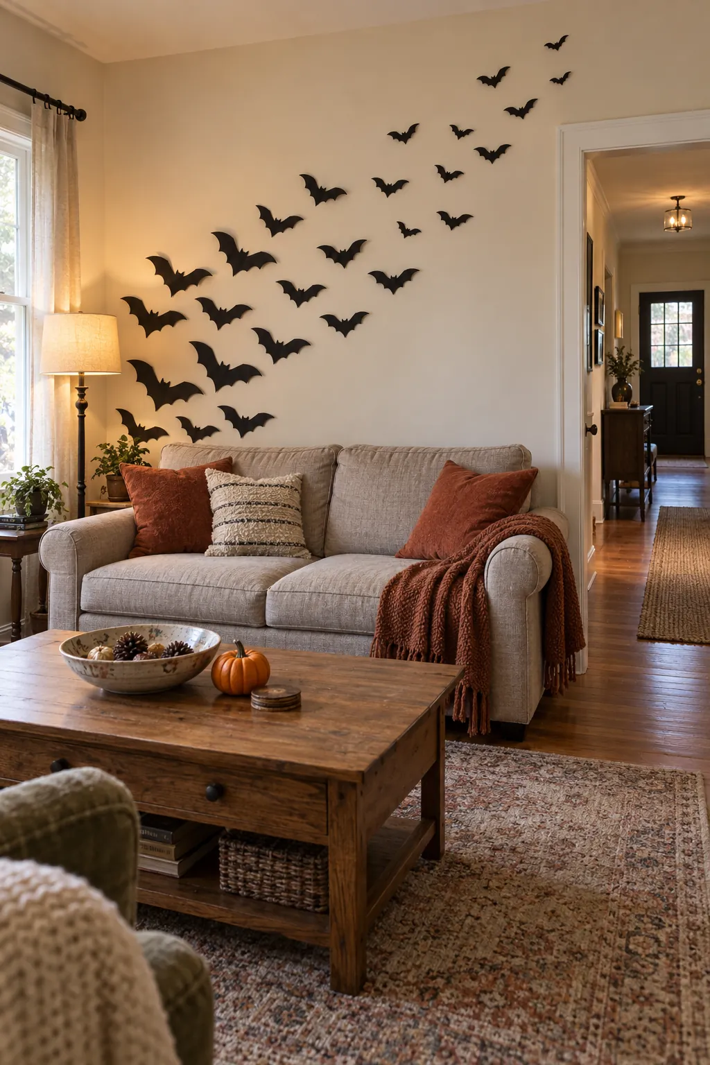Halloween bat silhouettes sweeping across a living room wall