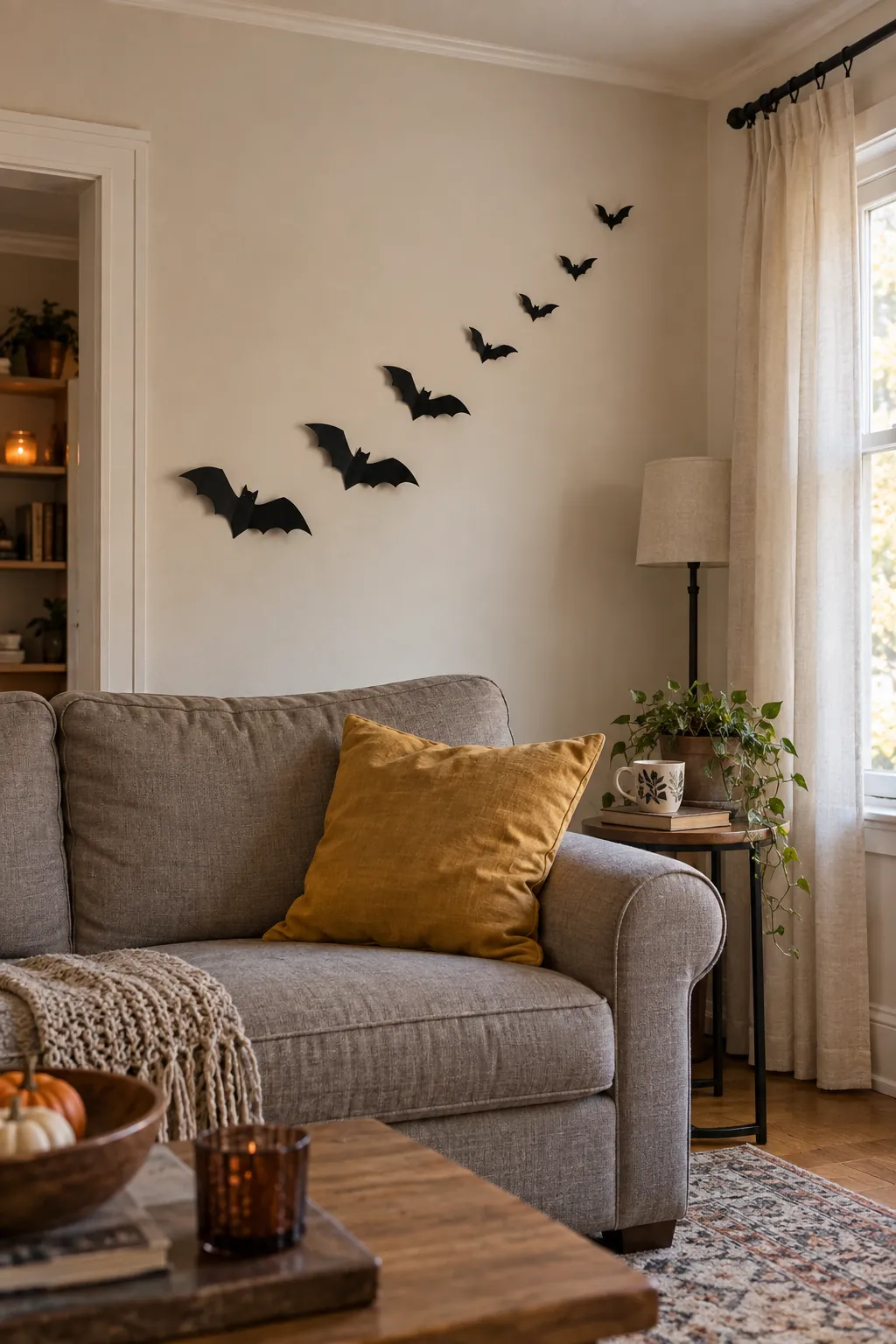 Halloween bat wall arrangement showing a flight path above the sofa