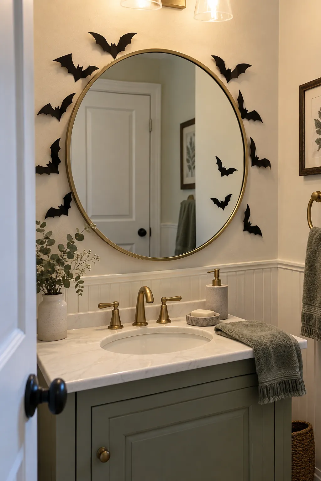 Halloween bat wall arrangement showing a bat halo around a mirror