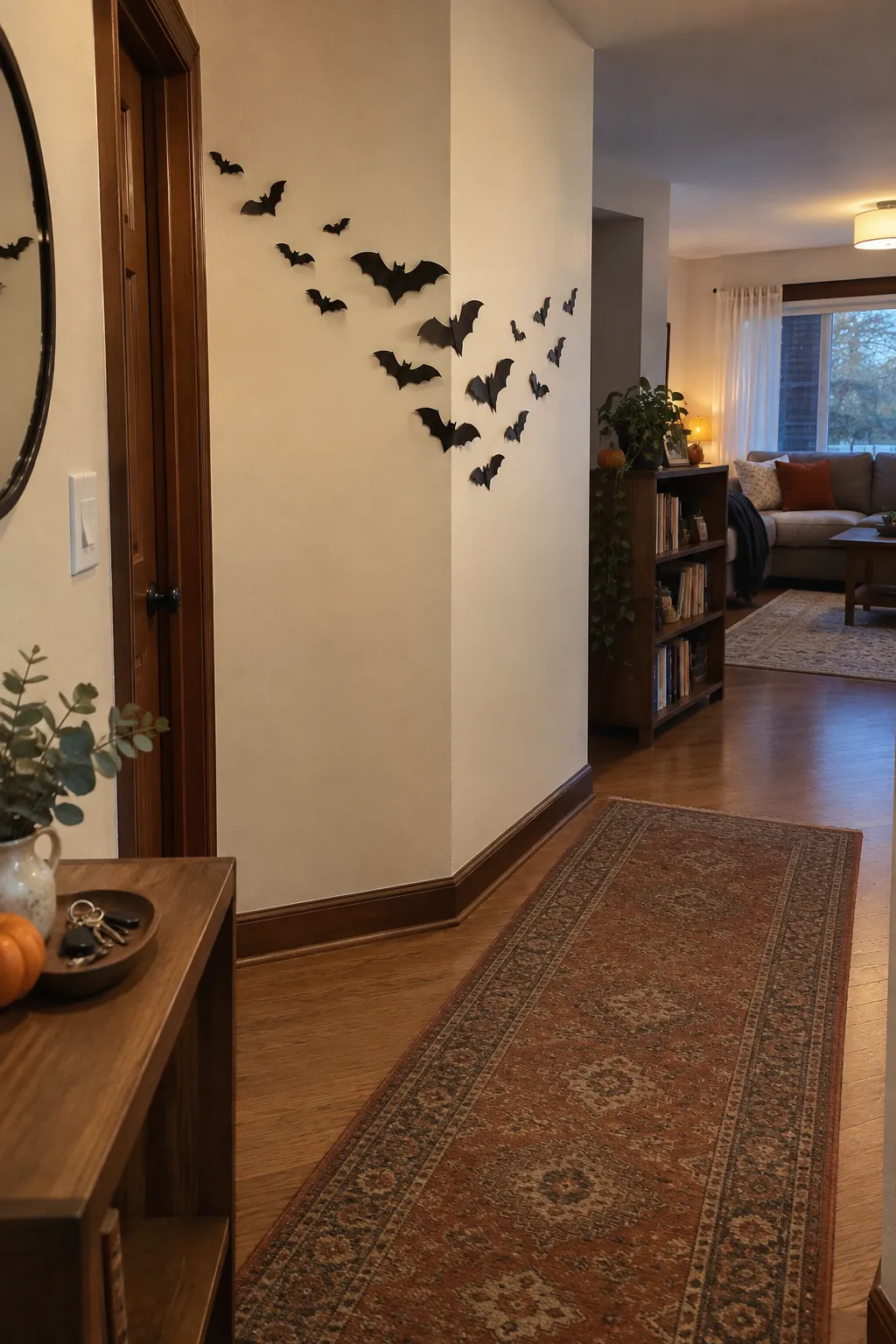 Halloween bat wall arrangement showing a swarm turning a room corner