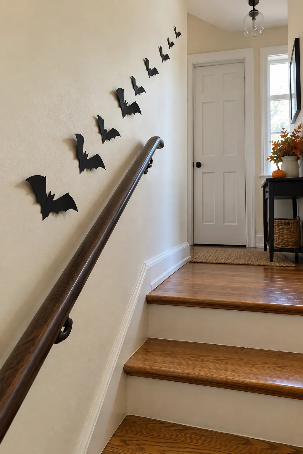Halloween bat wall arrangement showing an ascent along the stair wall