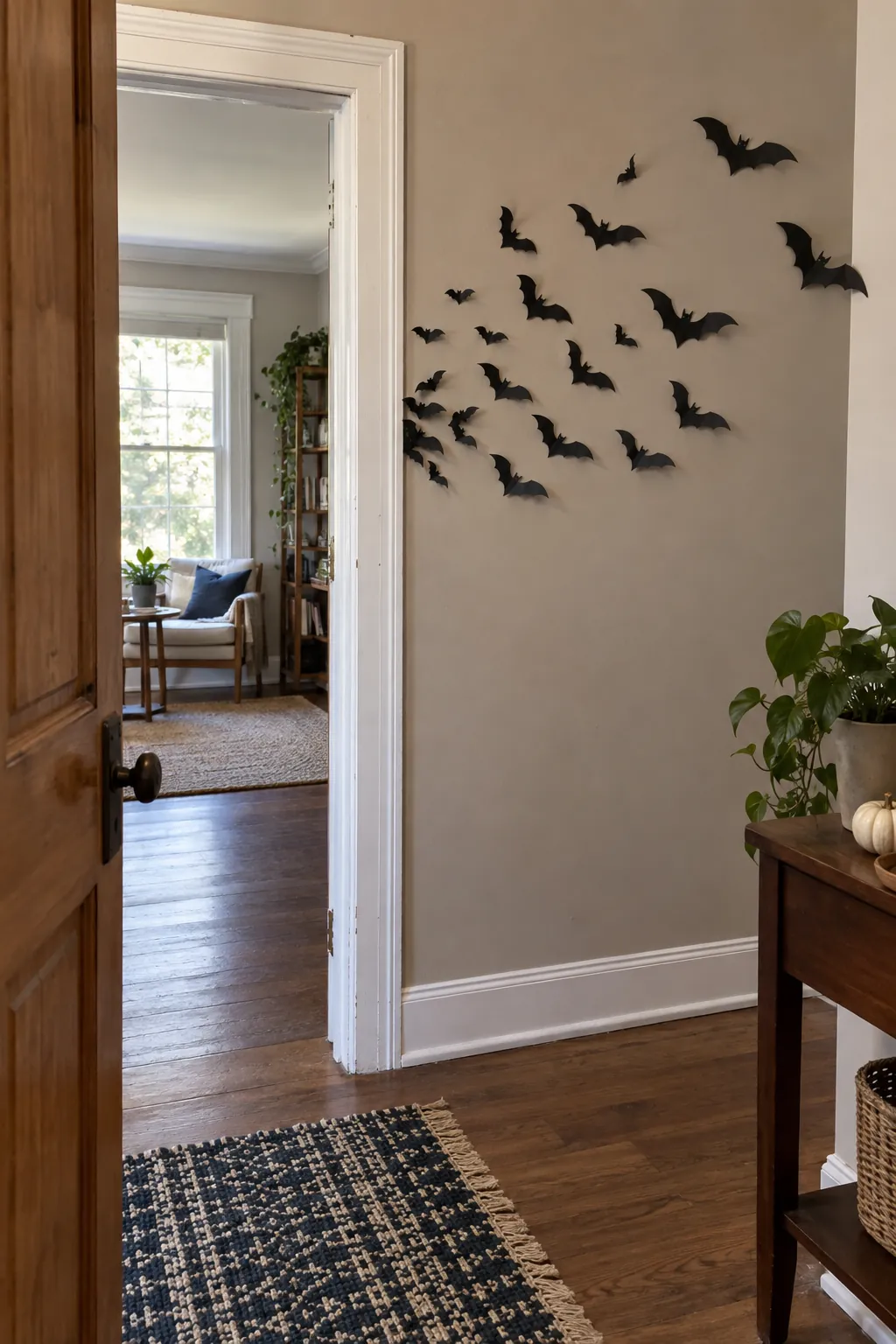 Halloween bat wall arrangement showing a doorway that releases the bats