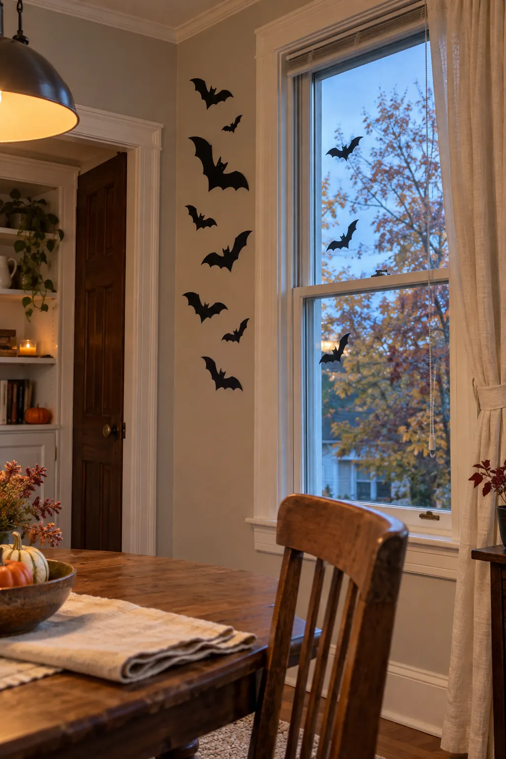 Halloween bat wall arrangement showing window silhouettes at dusk