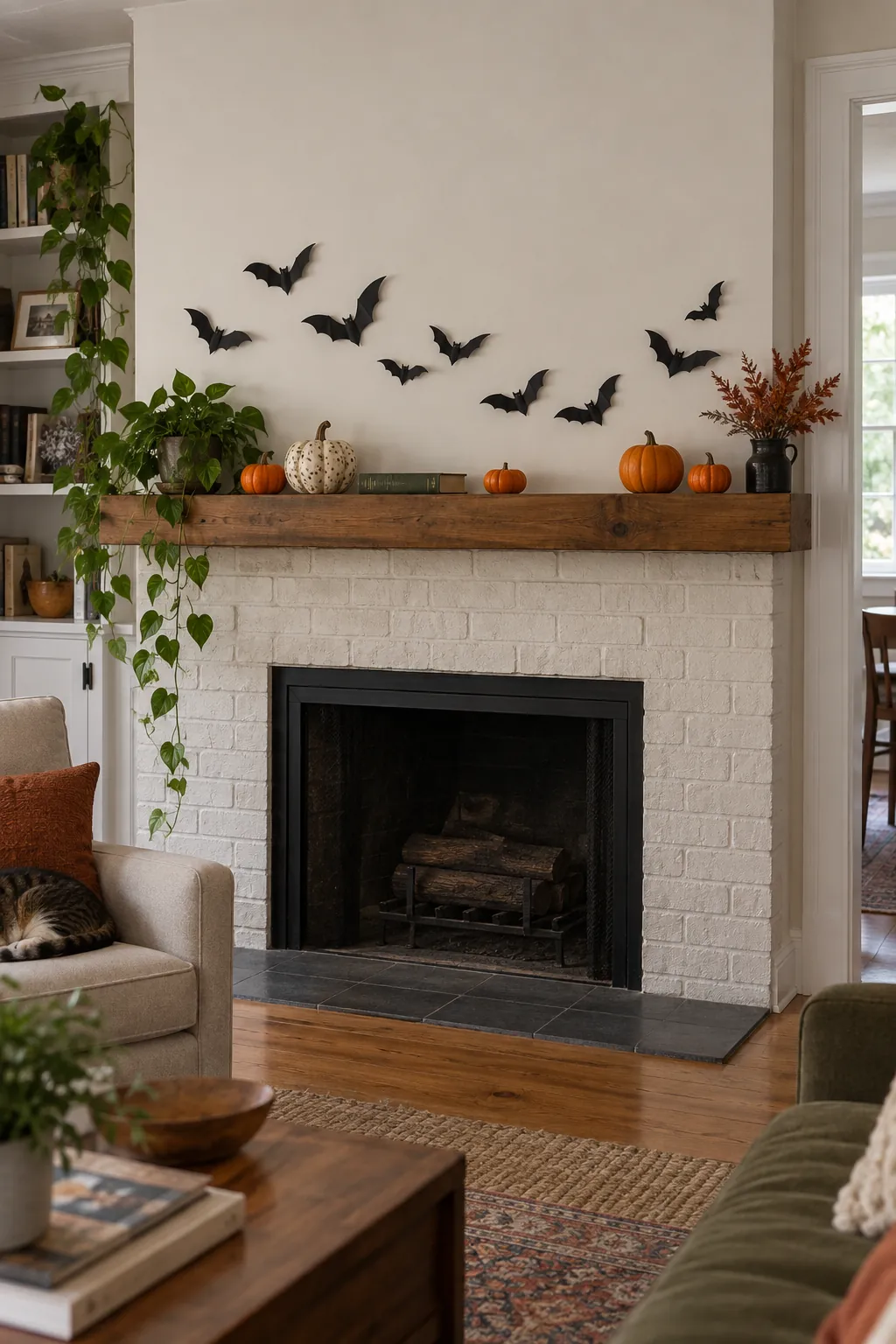 Halloween bat wall arrangement showing a mantel wall with a low sweep