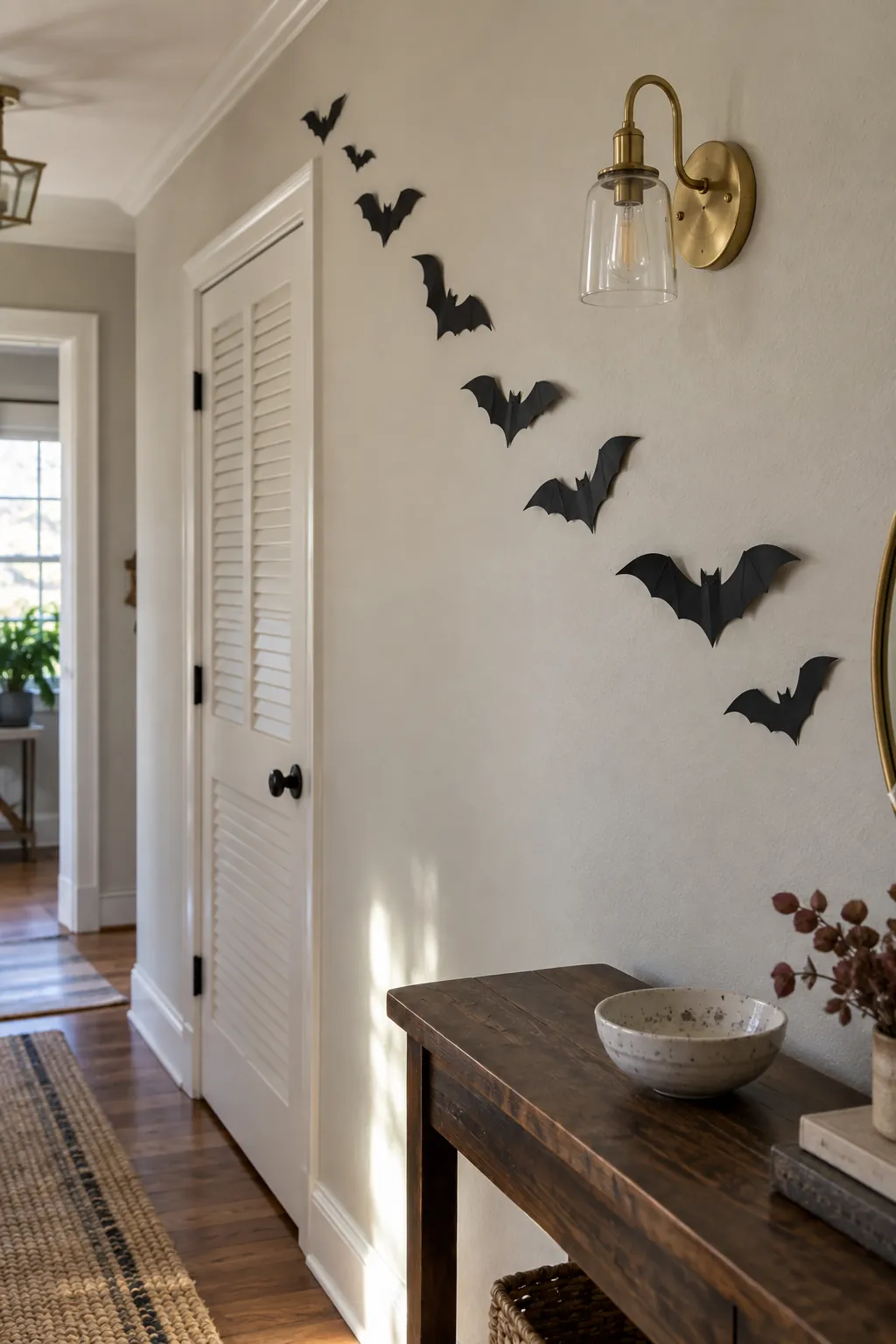 Halloween bat wall arrangement showing a safe sweep around a wall sconce
