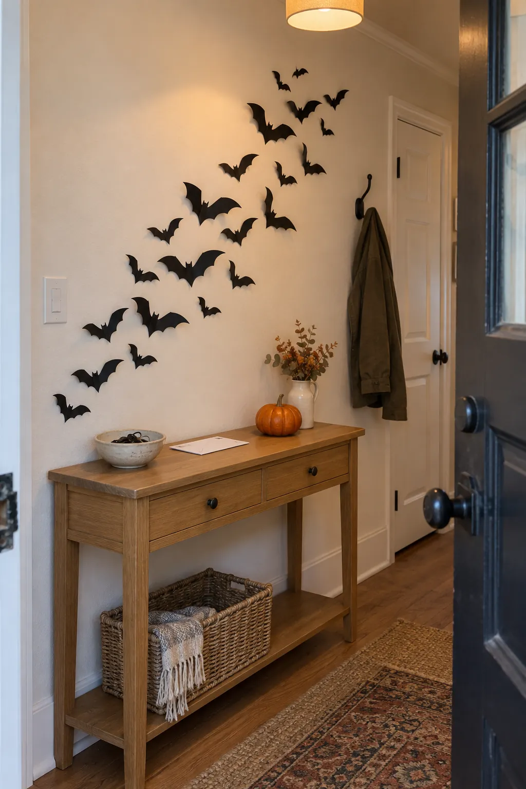 Halloween bat wall arrangement showing an entry console backdrop