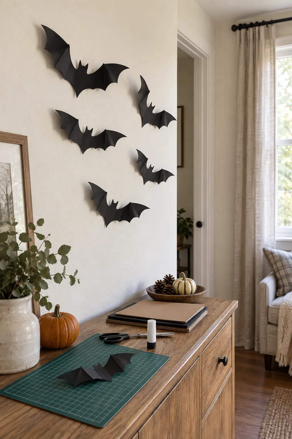 Halloween bat wall arrangement showing folded wings for gentle relief